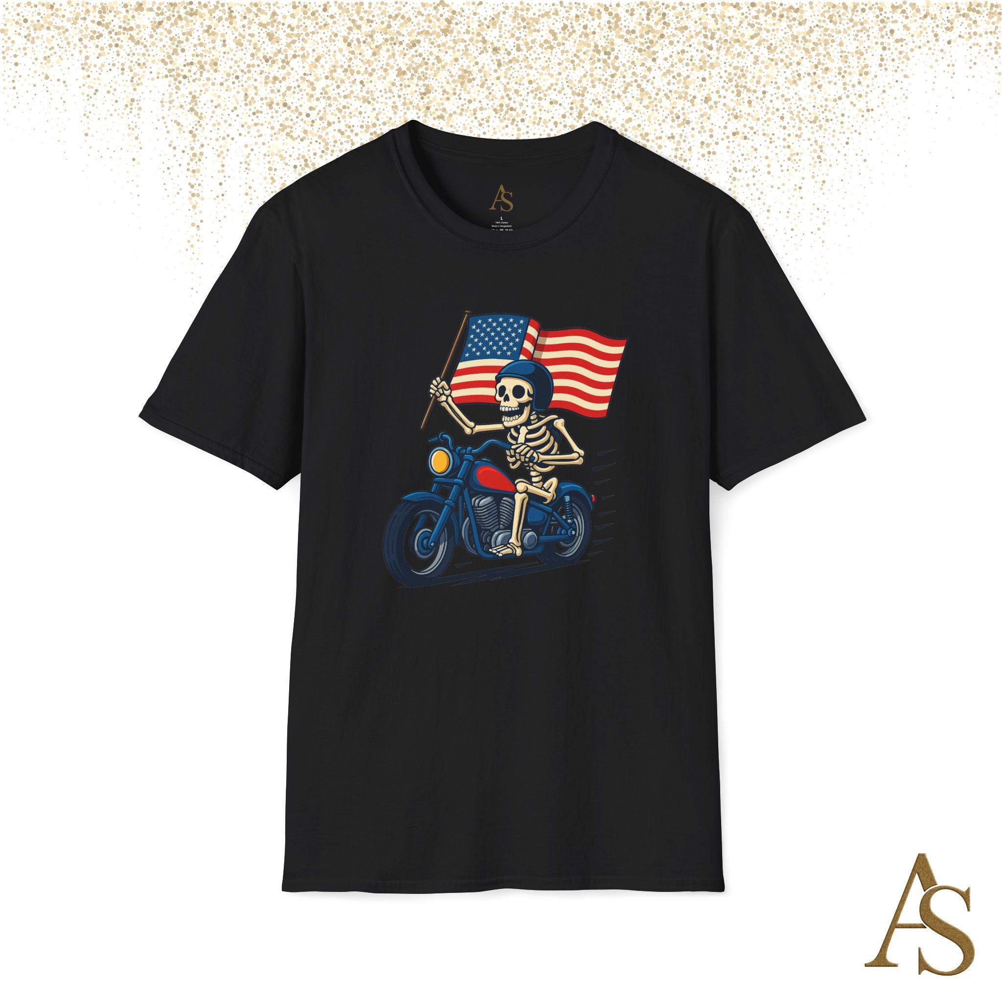 Skeleton Biker T Shirt Motorcycle Rider with American Flag Patriotic Skull Graphic Tee
