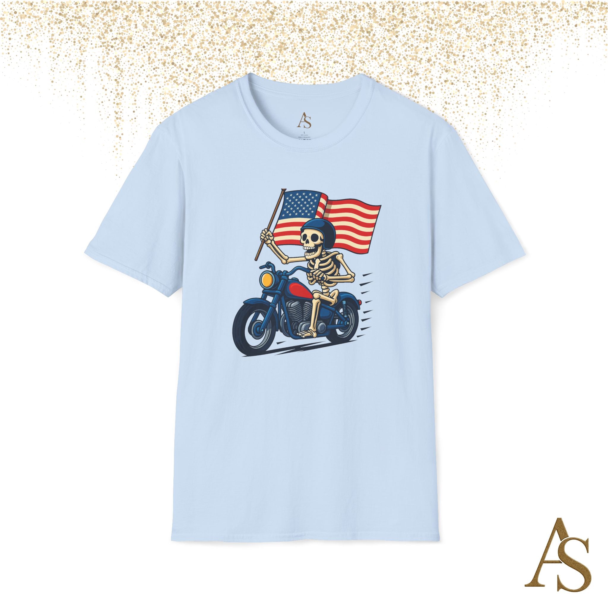 Skeleton Biker T Shirt Motorcycle Rider with American Flag Patriotic Skull Graphic Tee