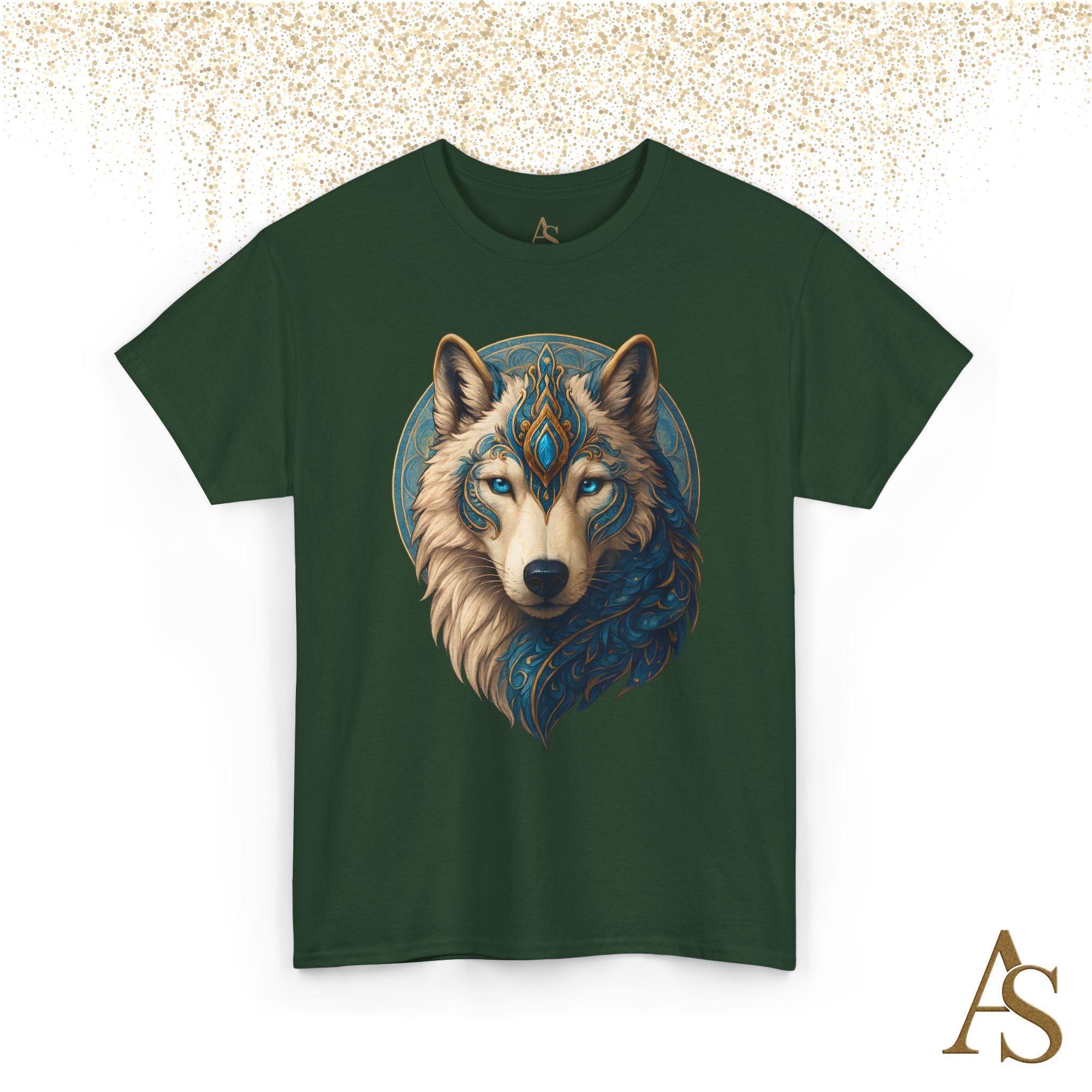 Mystical Wolf Spirit T Shirt Blue Gold Wolf Graphic Unisex Nature Inspired Tee