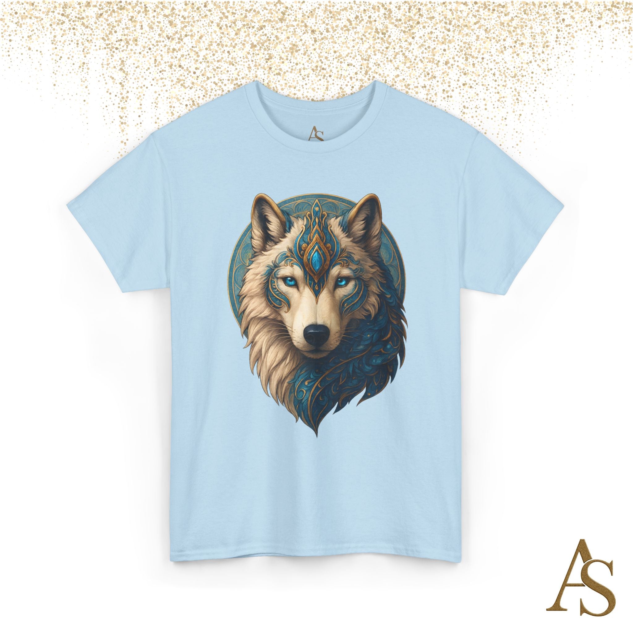 Mystical Wolf Spirit T Shirt Blue Gold Wolf Graphic Unisex Nature Inspired Tee