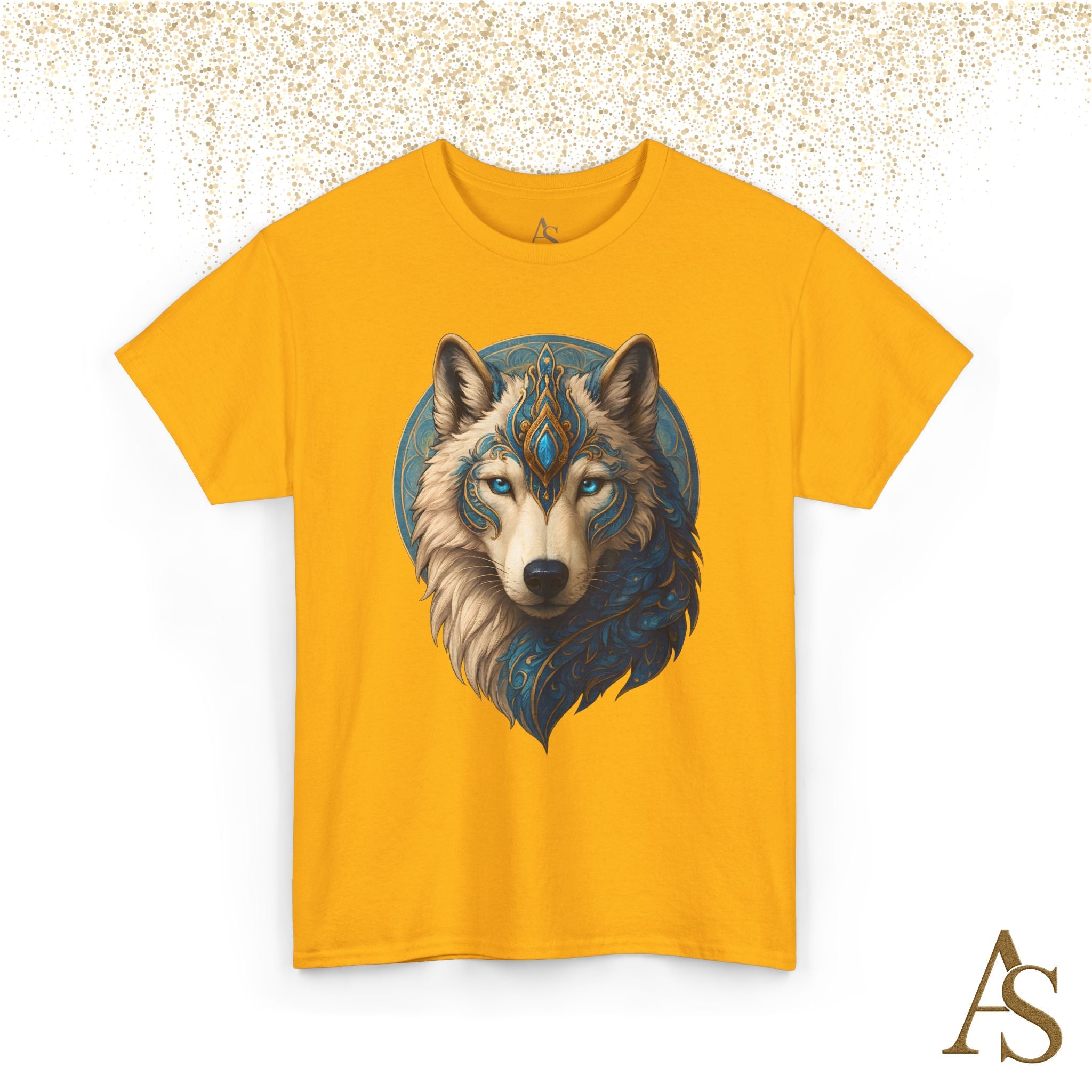 Mystical Wolf Spirit T Shirt Blue Gold Wolf Graphic Unisex Nature Inspired Tee