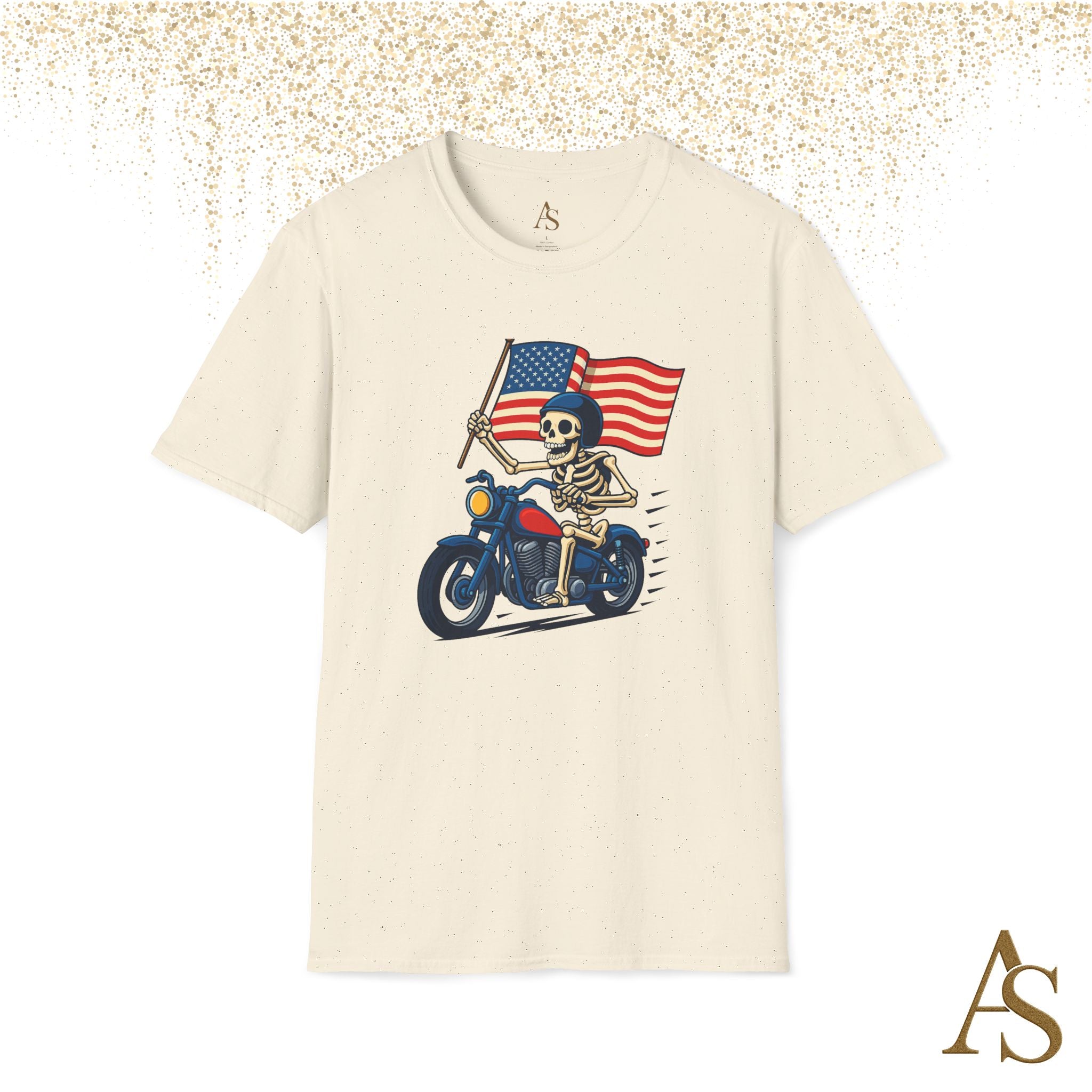 Skeleton Biker T Shirt Motorcycle Rider with American Flag Patriotic Skull Graphic Tee