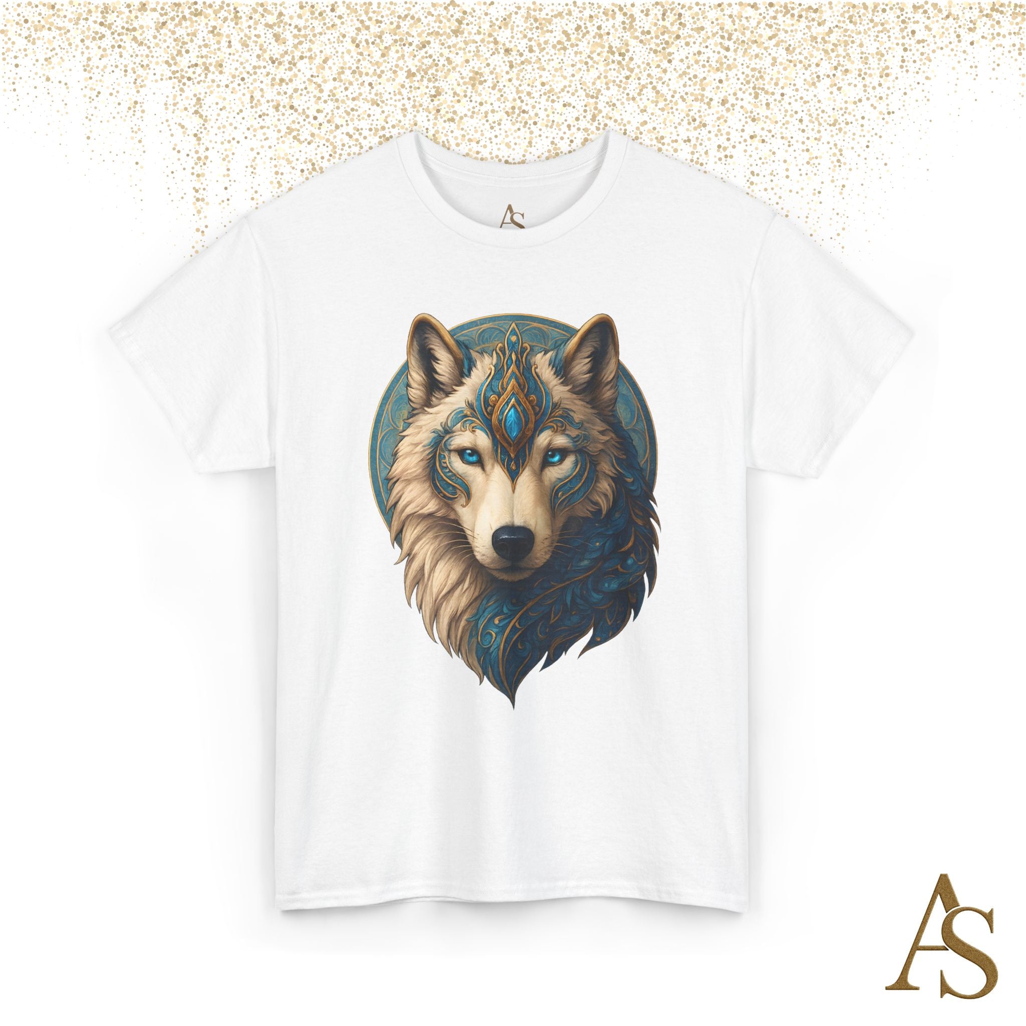 Mystical Wolf Spirit T Shirt Blue Gold Wolf Graphic Unisex Nature Inspired Tee