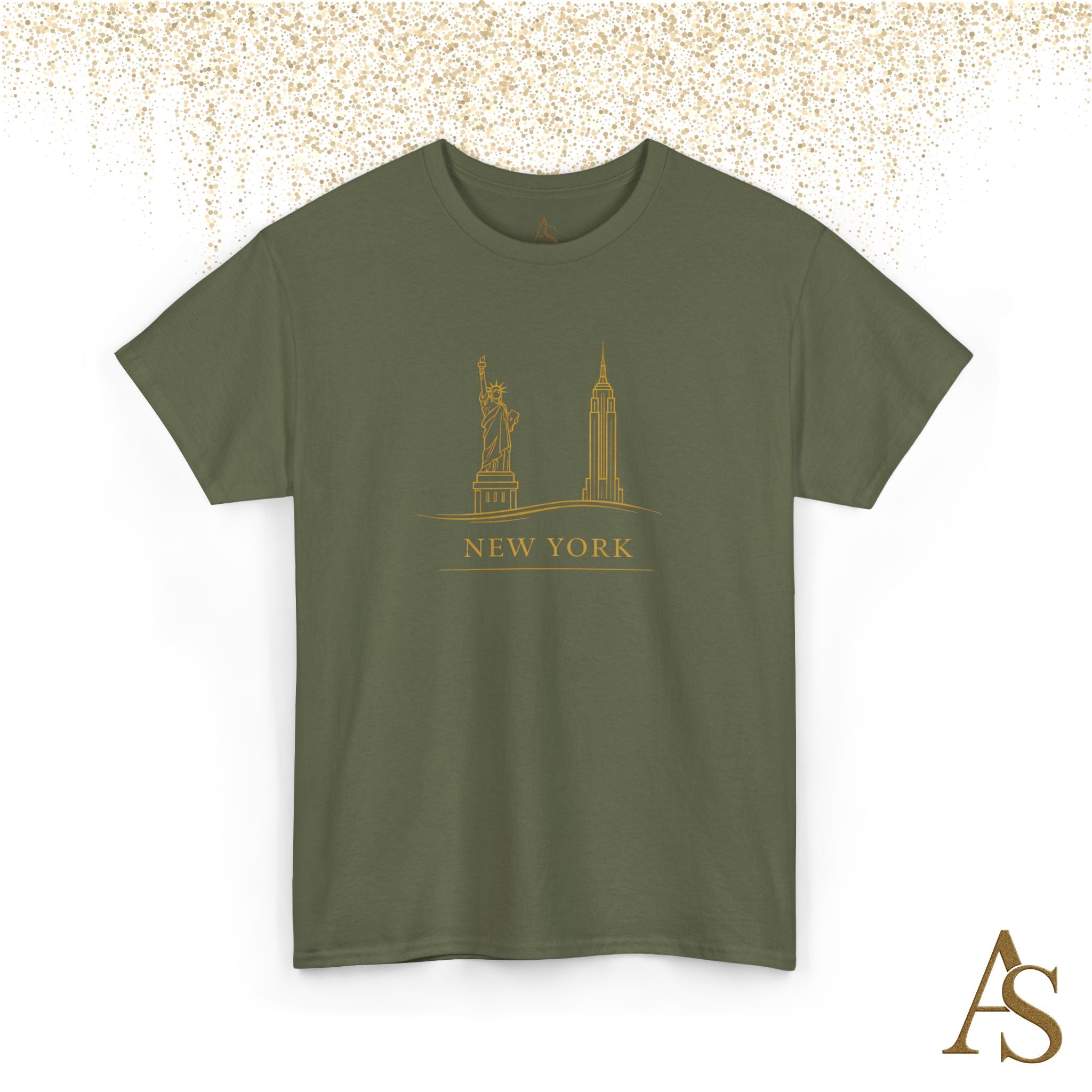 New York Skyline T Shirt Gold Line Art NYC Statue of Liberty Graphic Tee