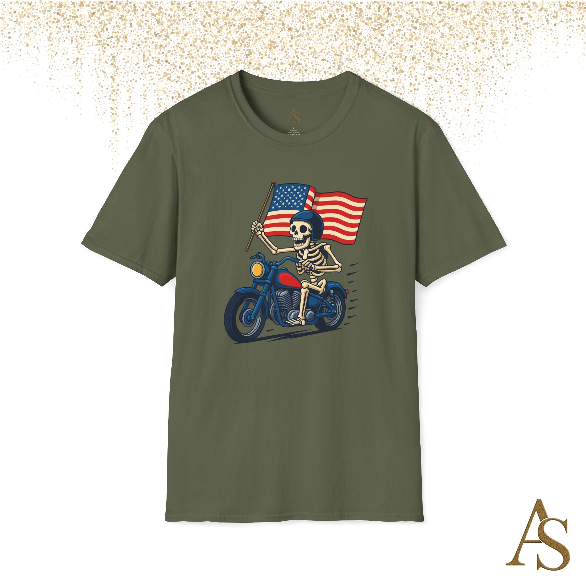 Skeleton Biker T Shirt Motorcycle Rider with American Flag Patriotic Skull Graphic Tee