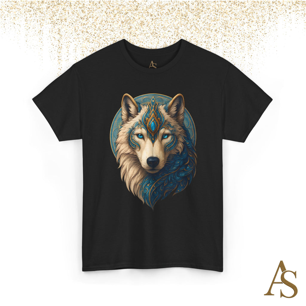Mystical Wolf Spirit T Shirt Blue Gold Wolf Graphic Unisex Nature Inspired Tee