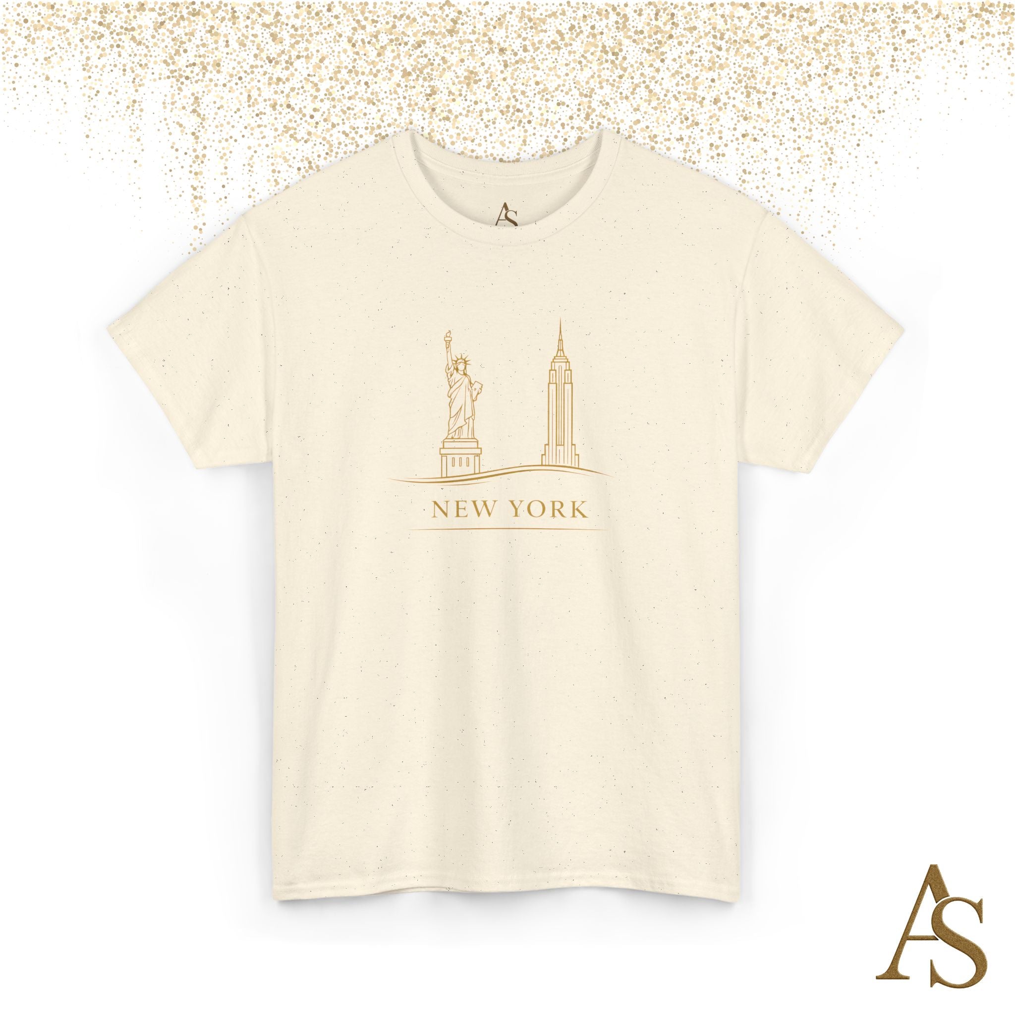 New York Skyline T Shirt Gold Line Art NYC Statue of Liberty Graphic Tee