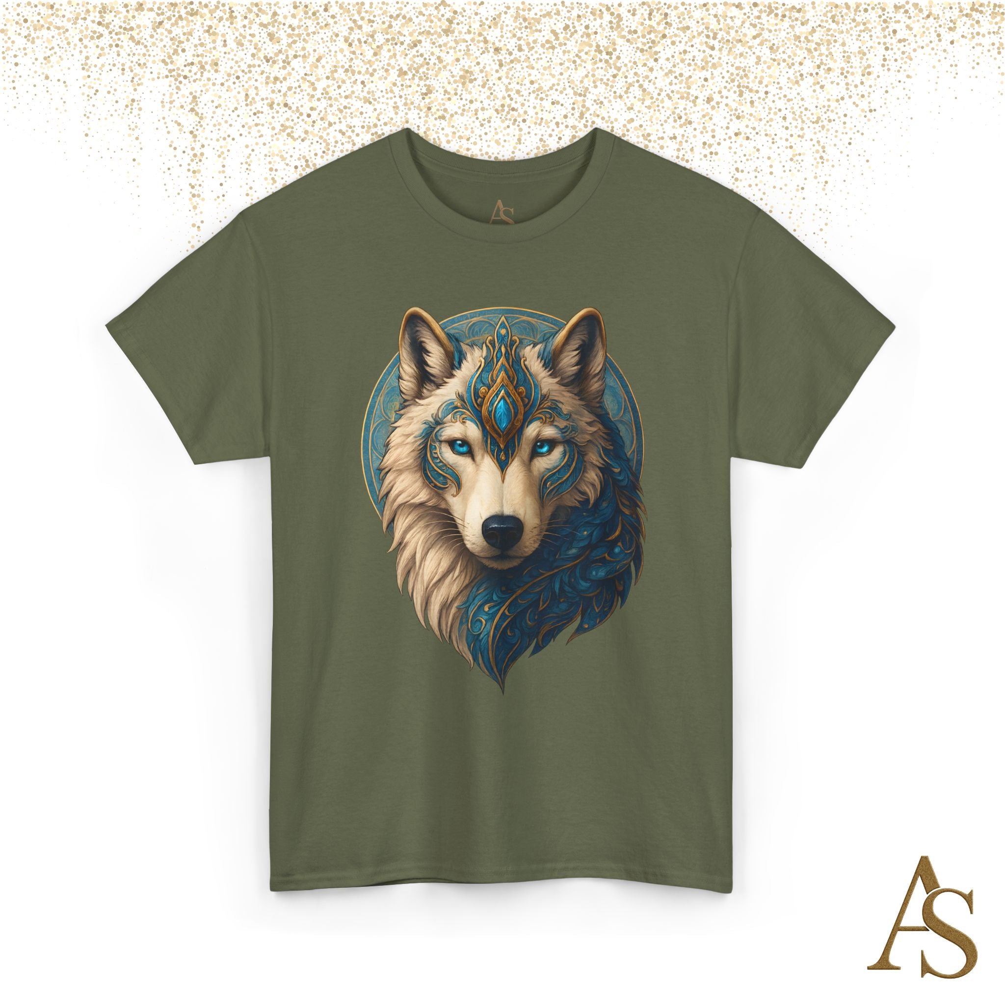 Mystical Wolf Spirit T Shirt Blue Gold Wolf Graphic Unisex Nature Inspired Tee