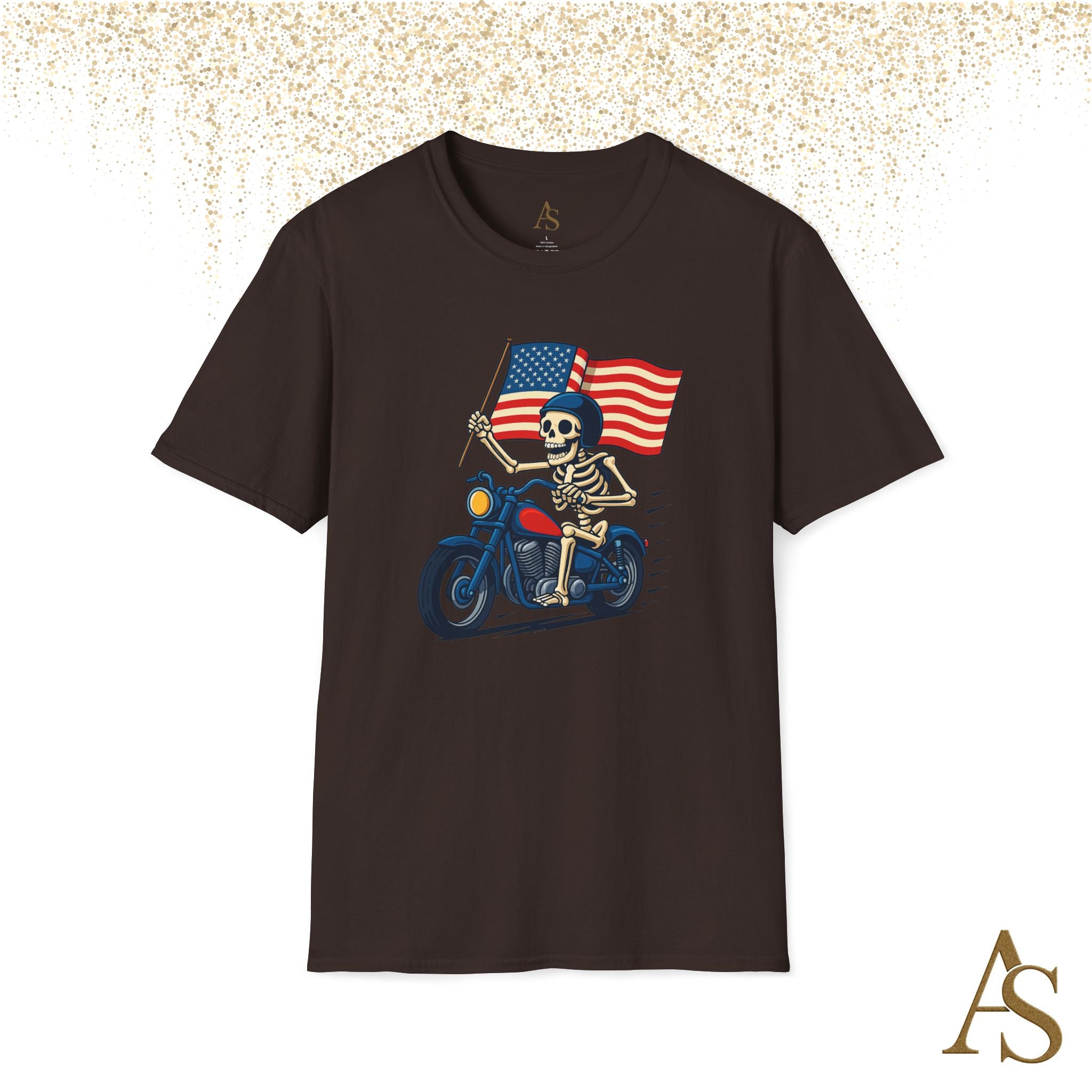 Skeleton Biker T Shirt Motorcycle Rider with American Flag Patriotic Skull Graphic Tee