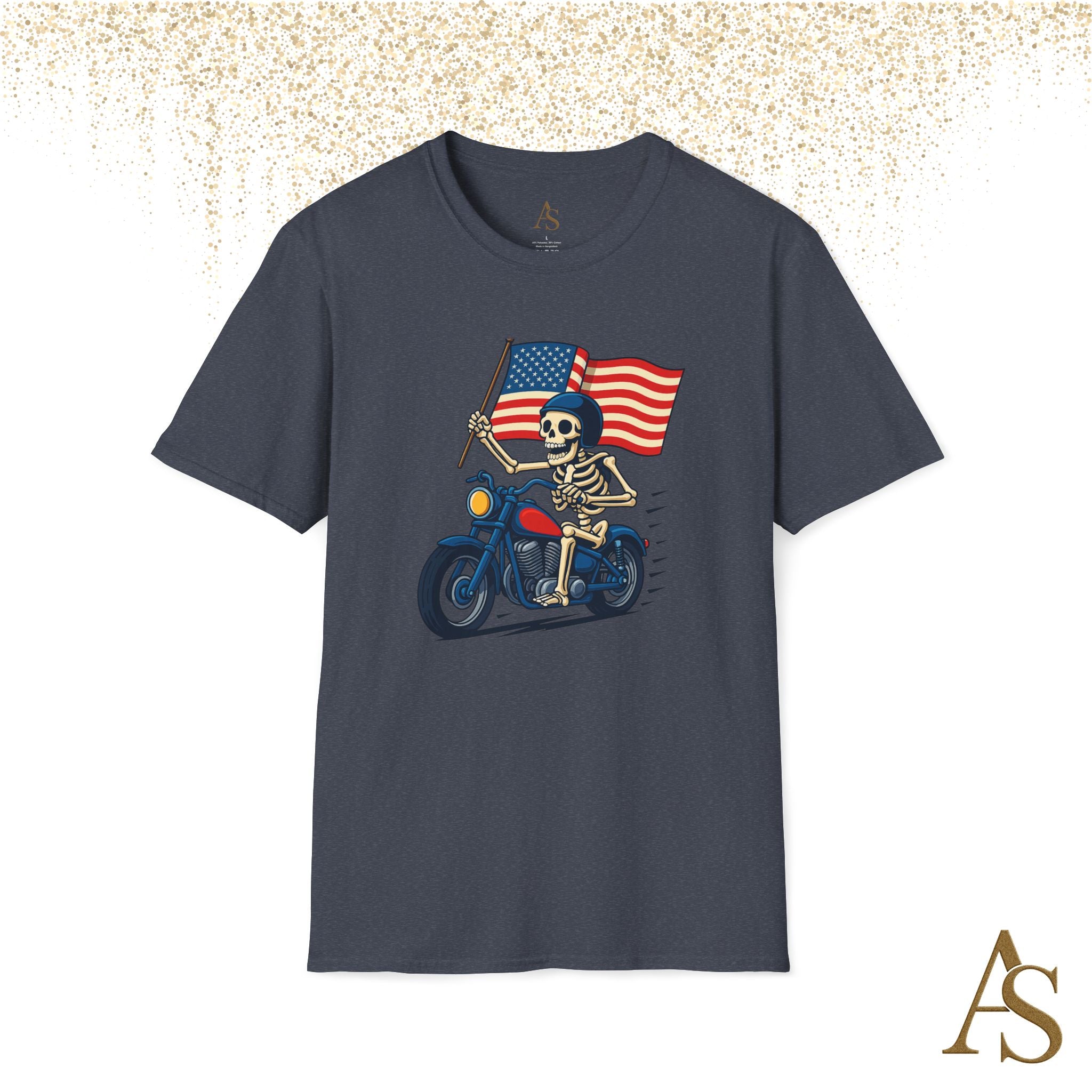 Skeleton Biker T Shirt Motorcycle Rider with American Flag Patriotic Skull Graphic Tee