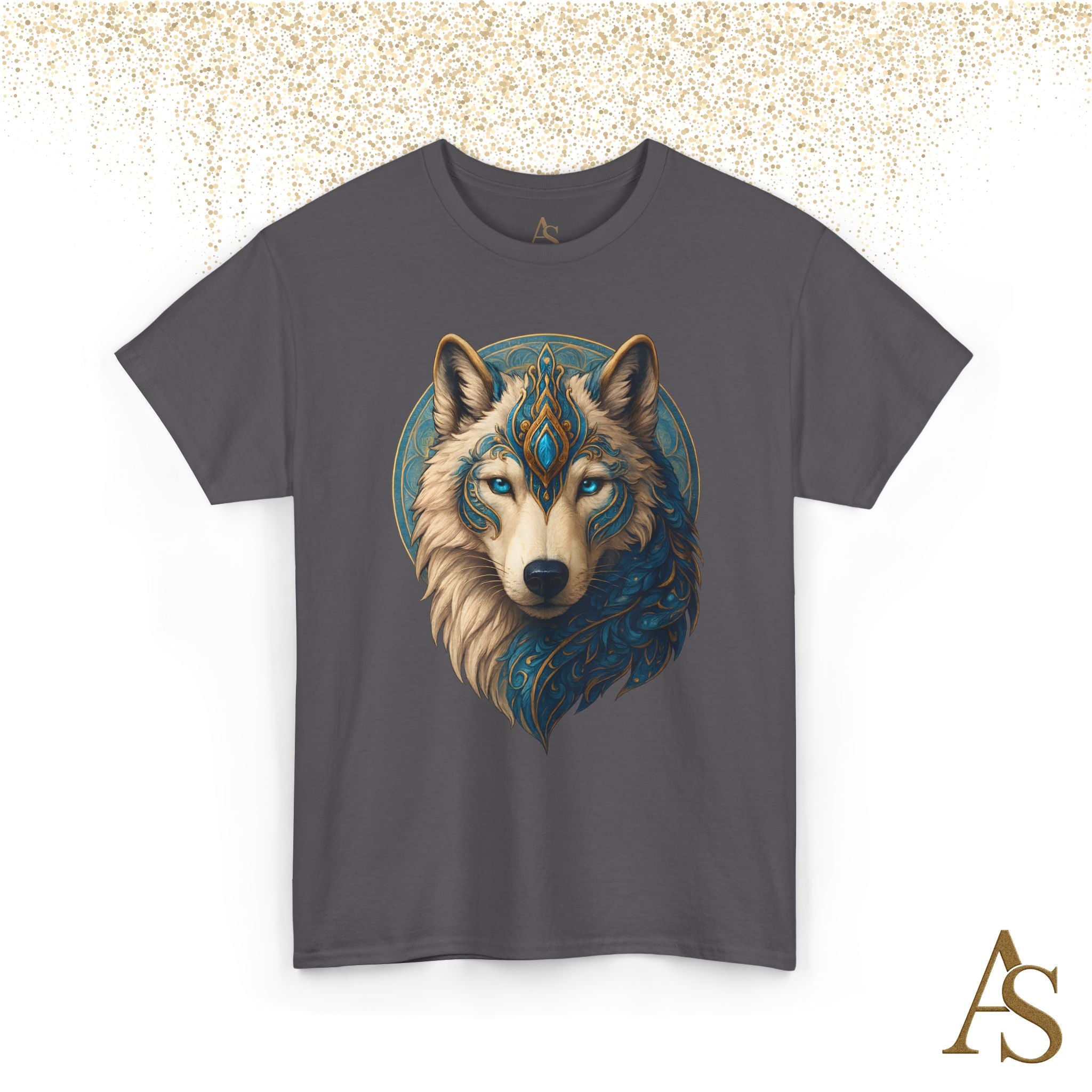 Mystical Wolf Spirit T Shirt Blue Gold Wolf Graphic Unisex Nature Inspired Tee