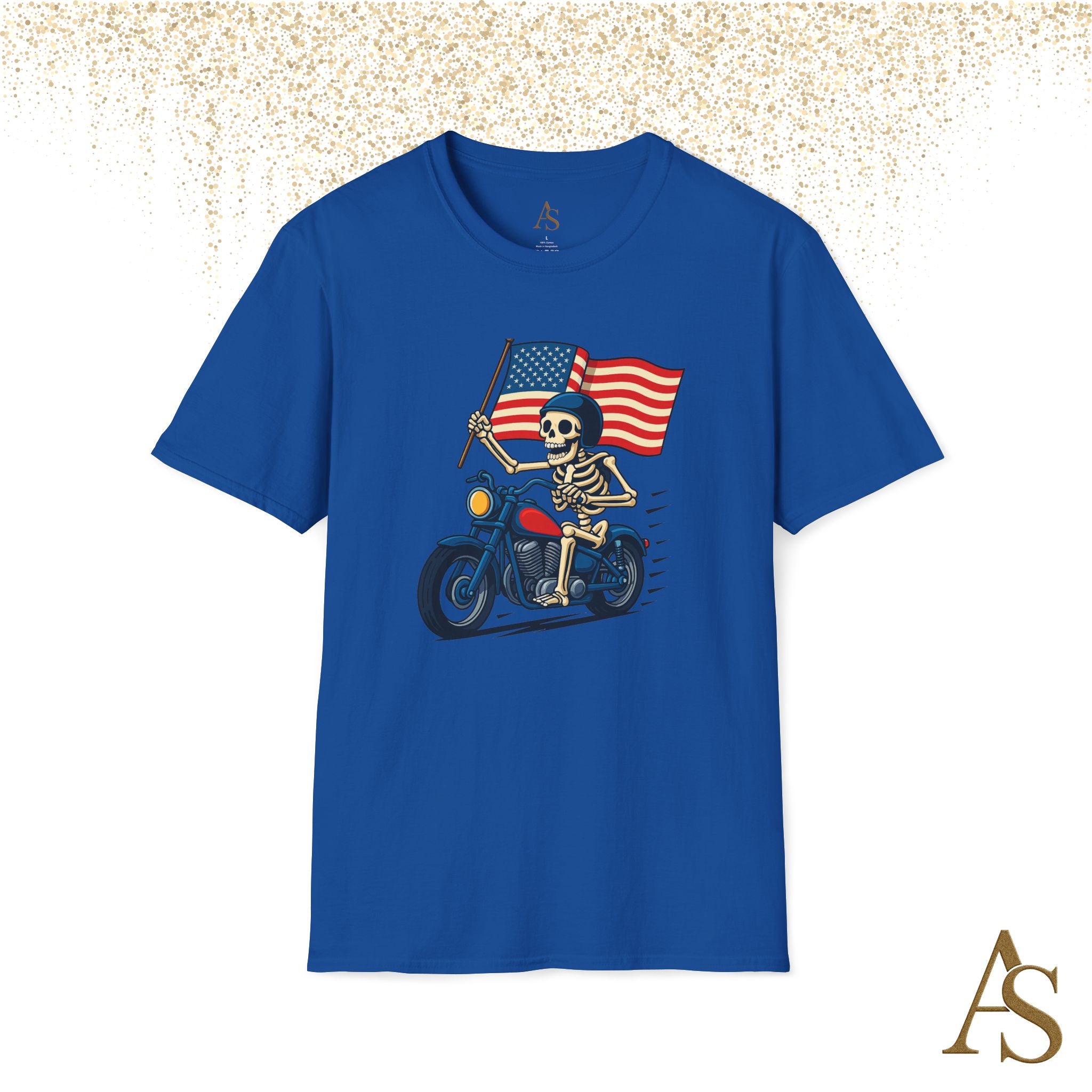 Skeleton Biker T Shirt Motorcycle Rider with American Flag Patriotic Skull Graphic Tee