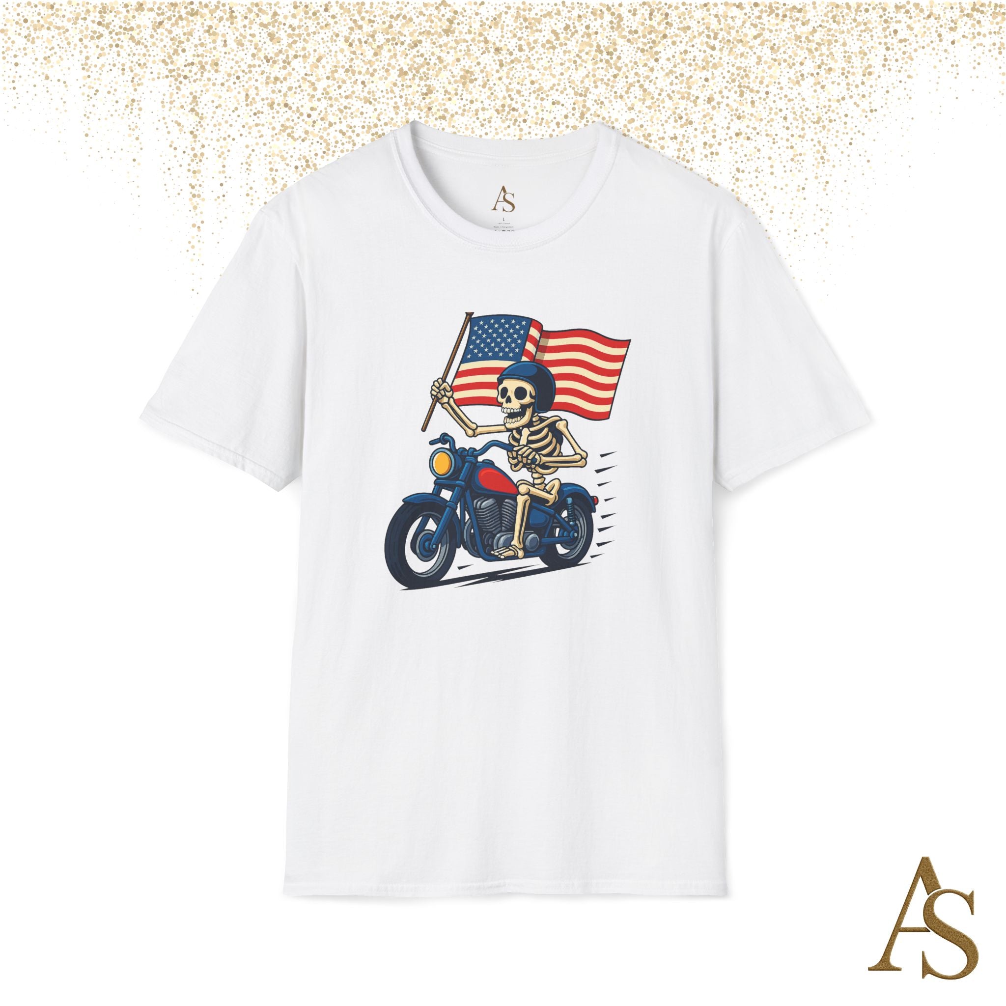 Skeleton Biker T Shirt Motorcycle Rider with American Flag Patriotic Skull Graphic Tee