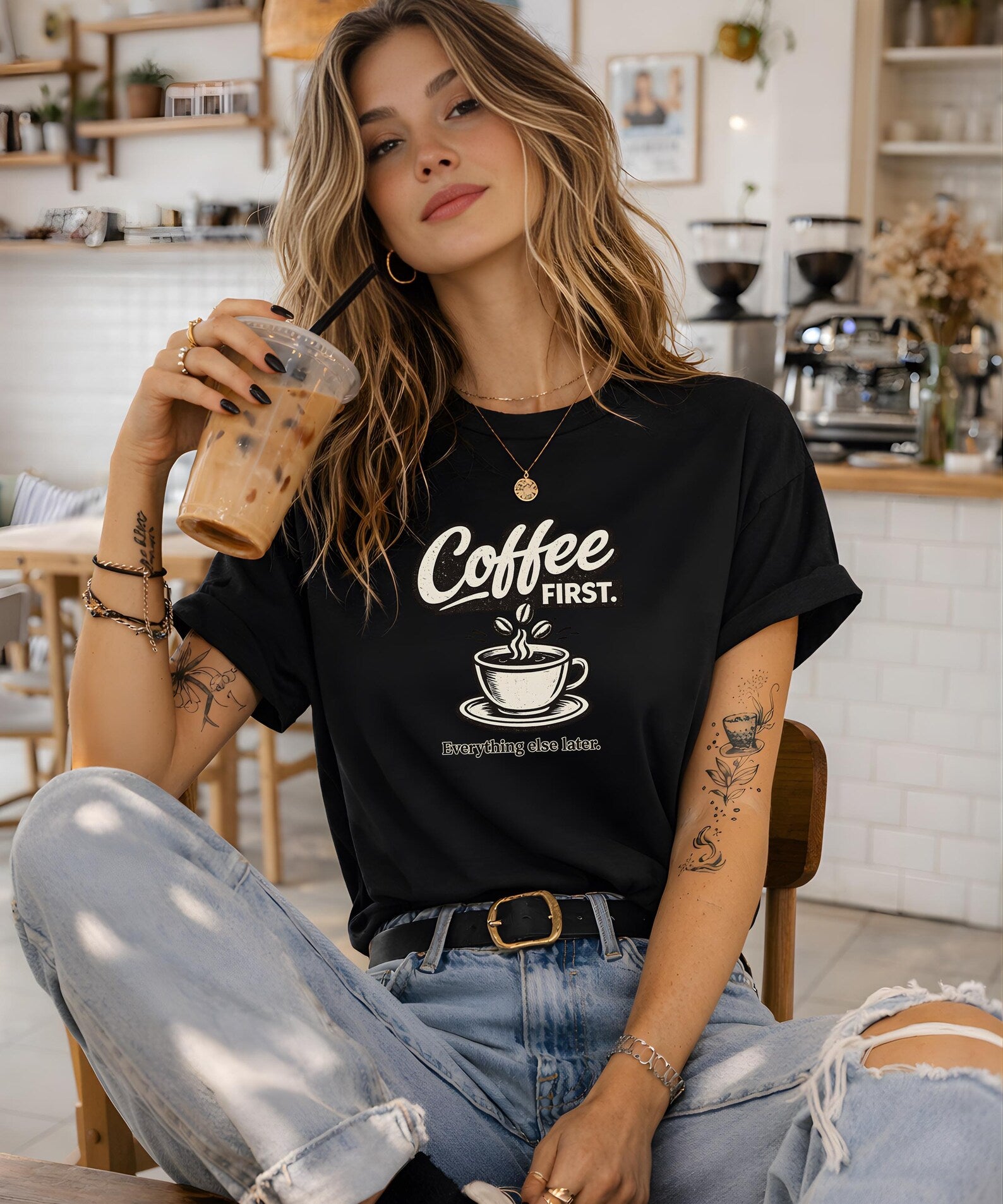 Coffee First Everything Else Later T Shirt Vintage Coffee Lover Graphic Tee