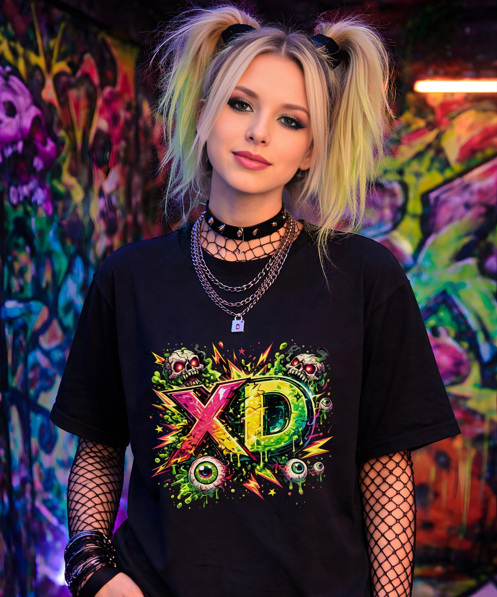 Neon XD Skull Graffiti T Shirt Gothic Streetwear Graphic Tee