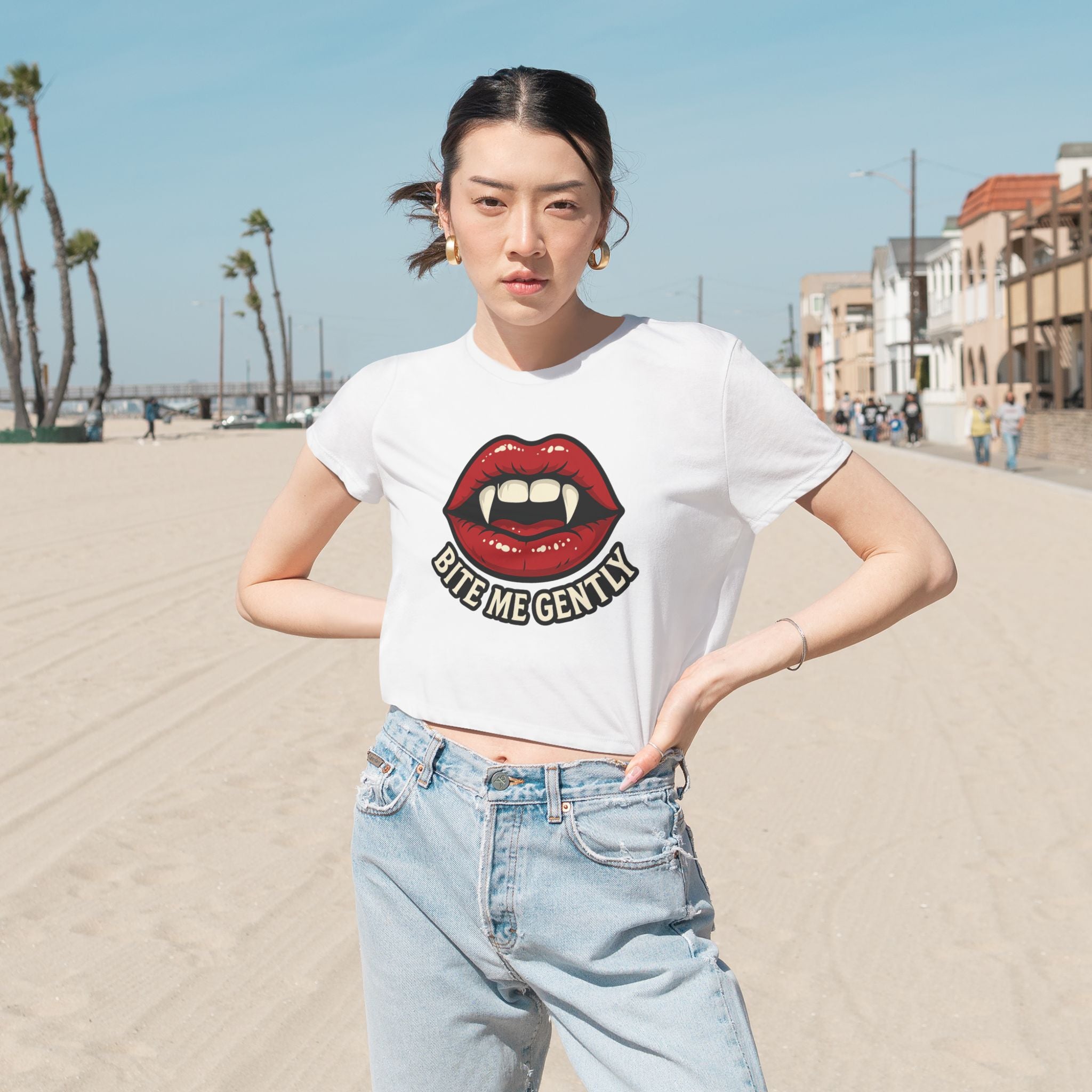Bite Me Gently Cropped Tee – Vampire Lips Graphic Shirt