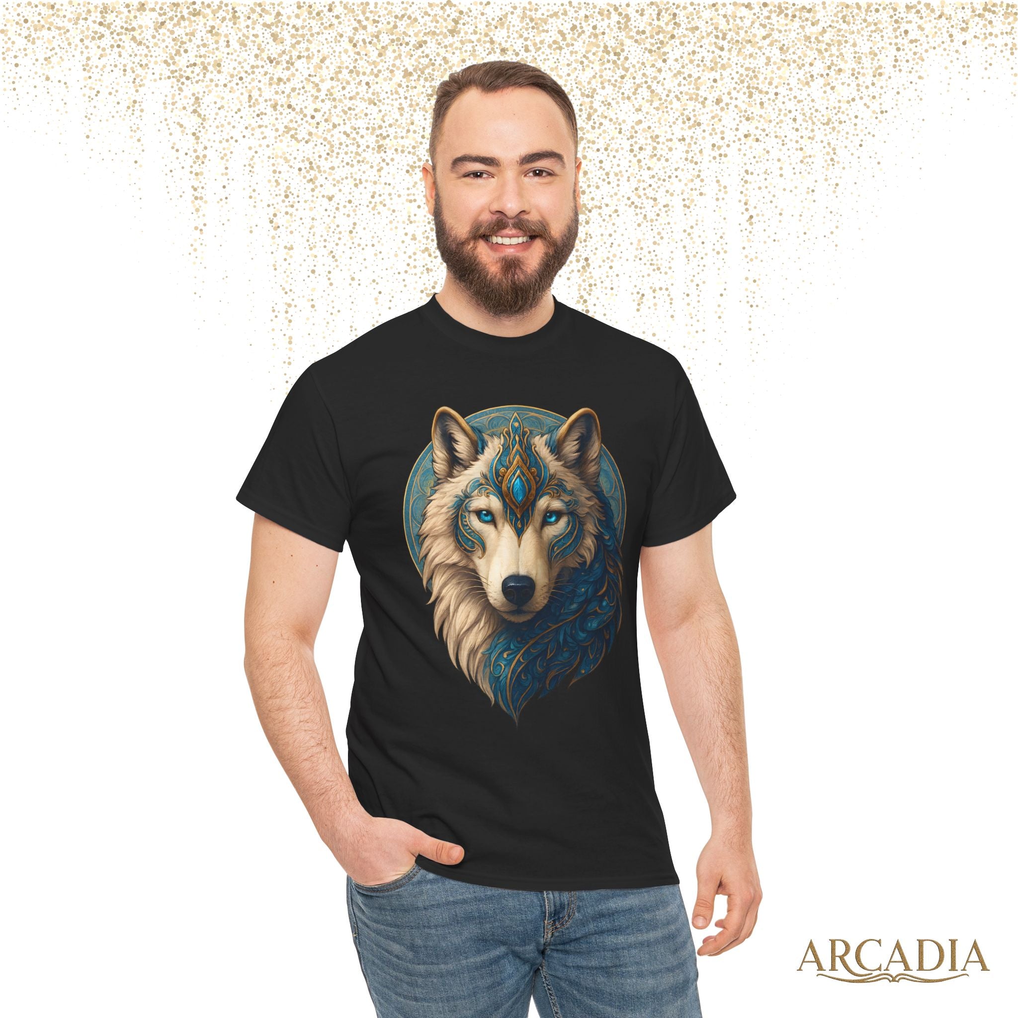 Mystical Wolf Spirit T Shirt Blue Gold Wolf Graphic Unisex Nature Inspired Tee