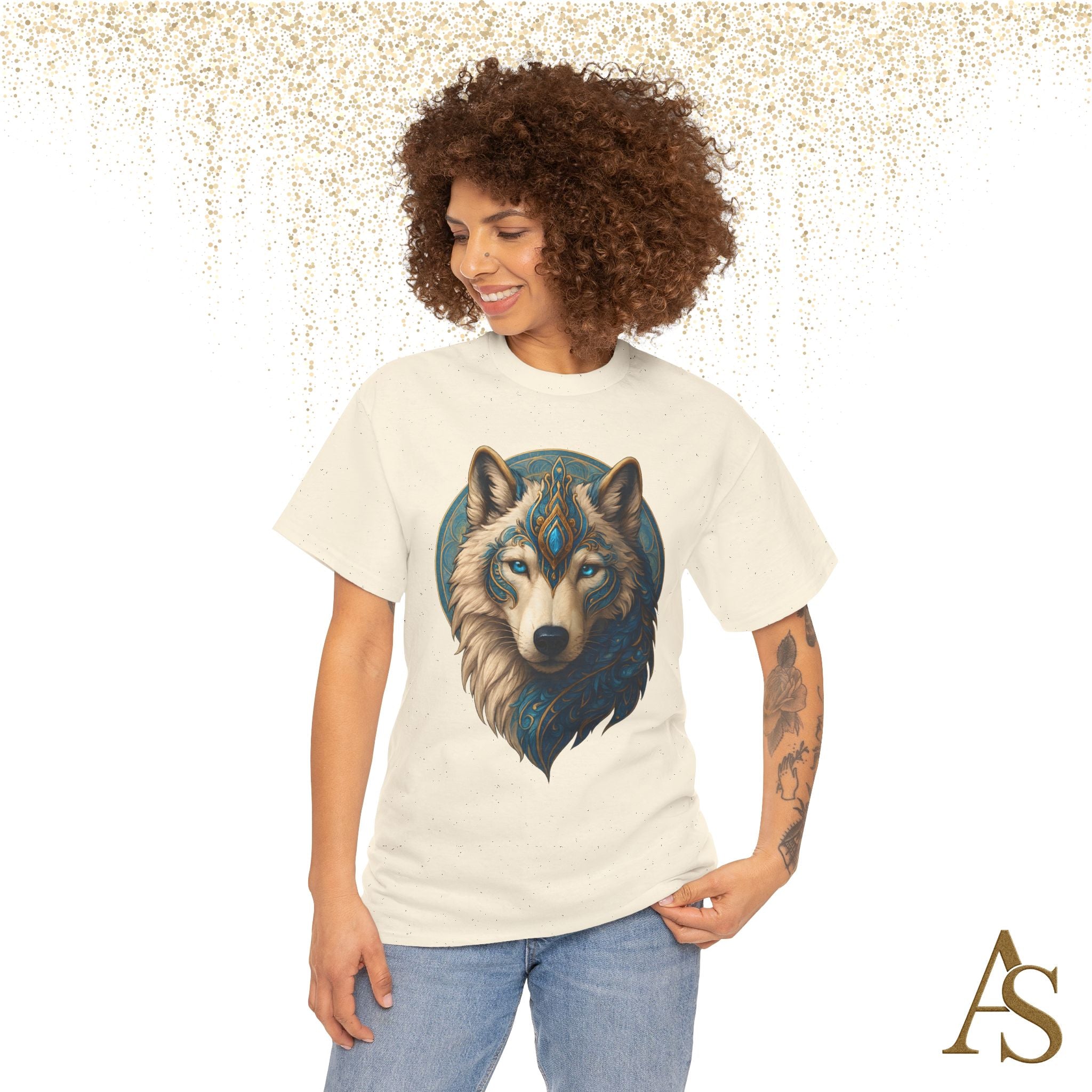 Mystical Wolf Spirit T Shirt Blue Gold Wolf Graphic Unisex Nature Inspired Tee