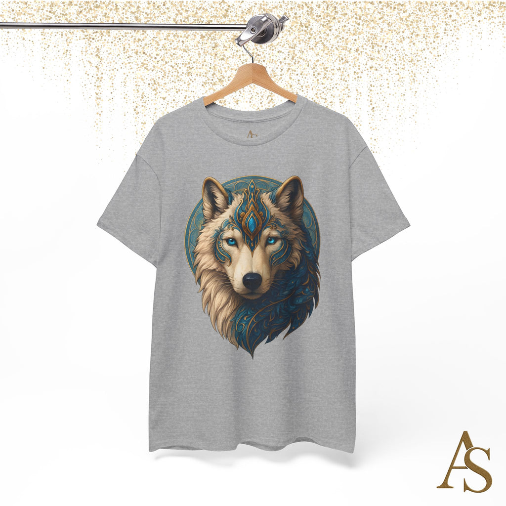Mystical Wolf Spirit T Shirt Blue Gold Wolf Graphic Unisex Nature Inspired Tee