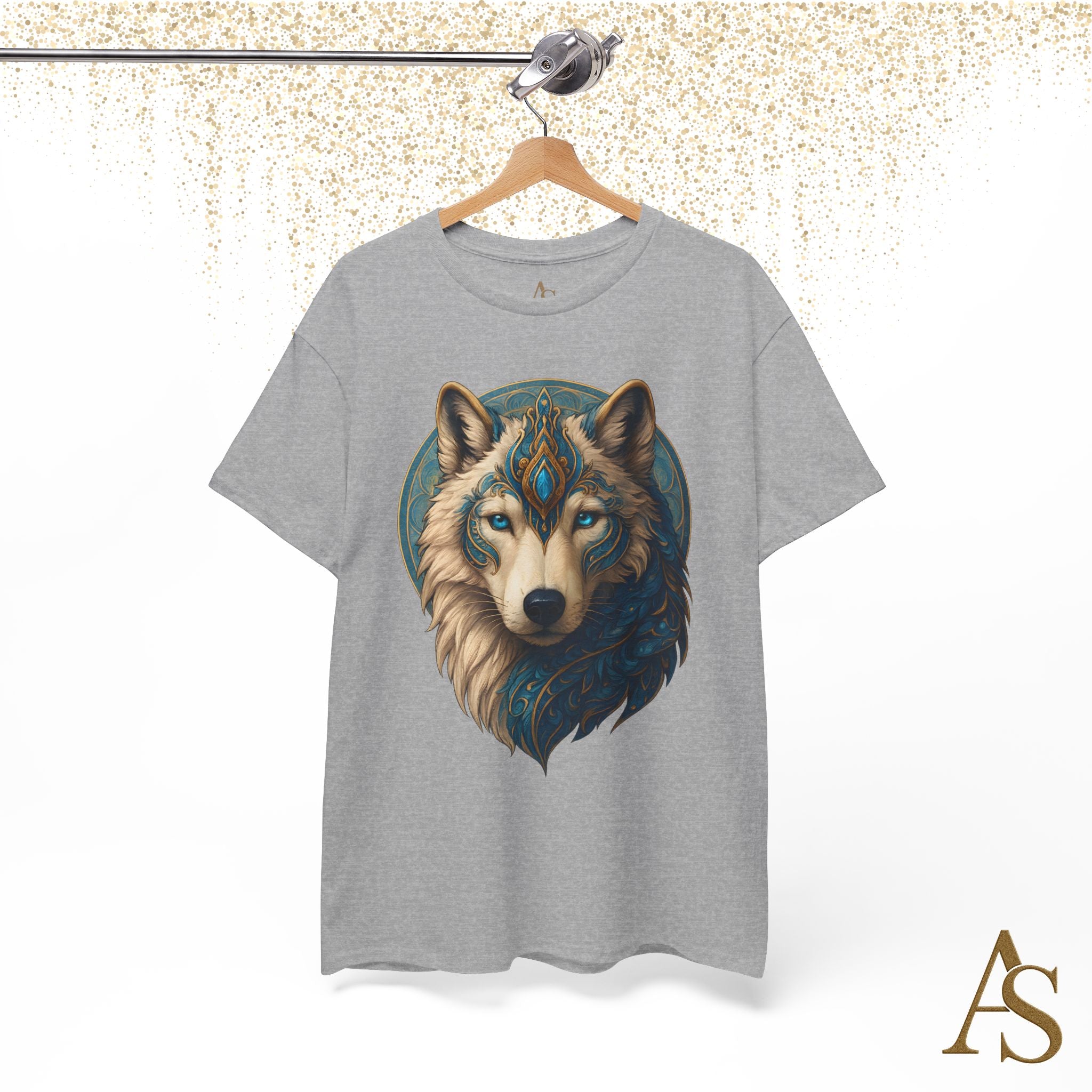 Mystical Wolf Spirit T Shirt Blue Gold Wolf Graphic Unisex Nature Inspired Tee