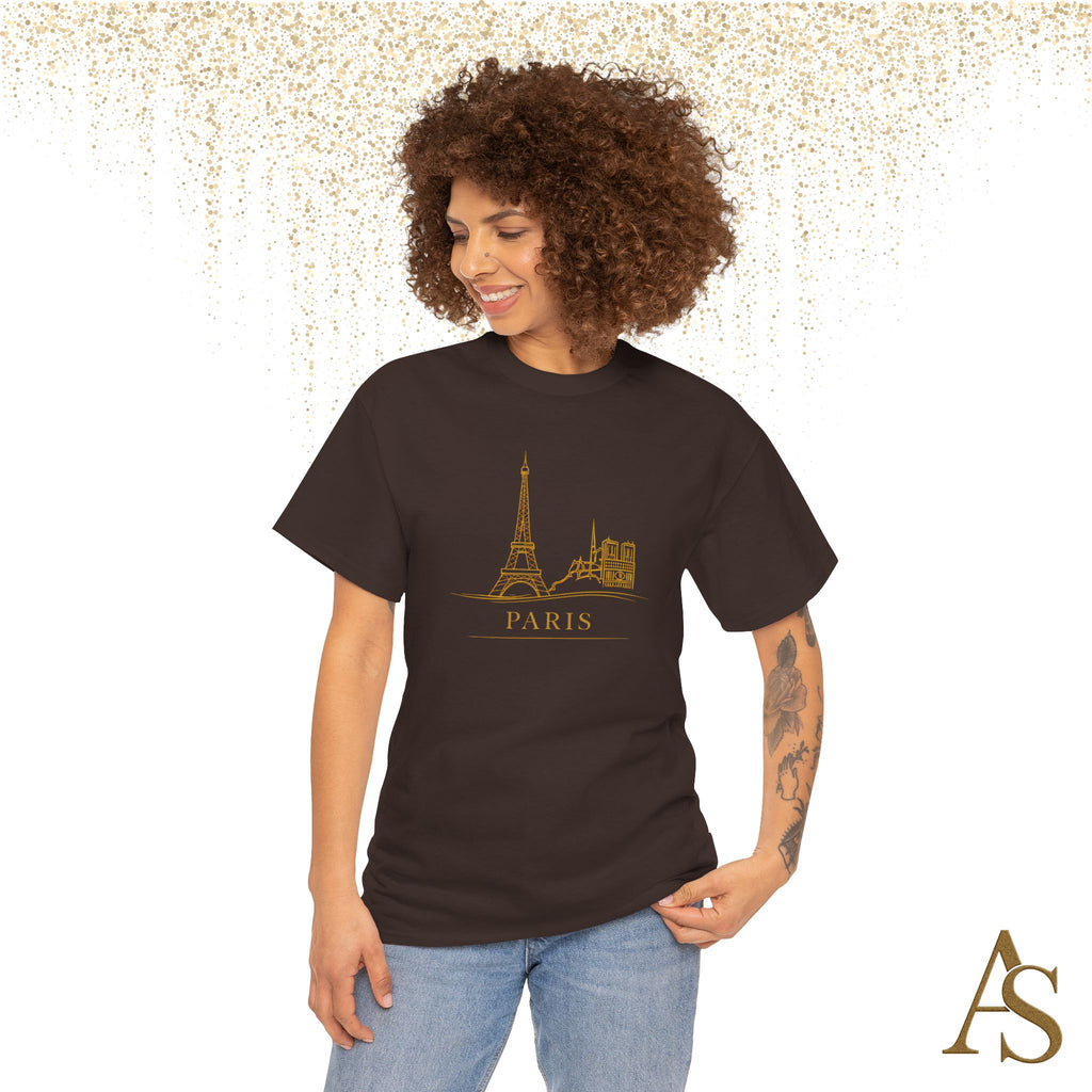 Paris Gold Line Art T Shirt Minimalist Eiffel Tower Skyline Unisex Graphic Tee