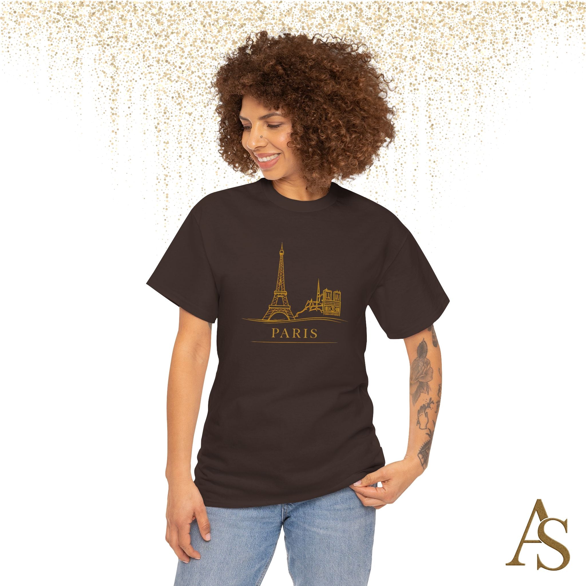Paris Gold Line Art T Shirt Minimalist Eiffel Tower Skyline Unisex Graphic Tee