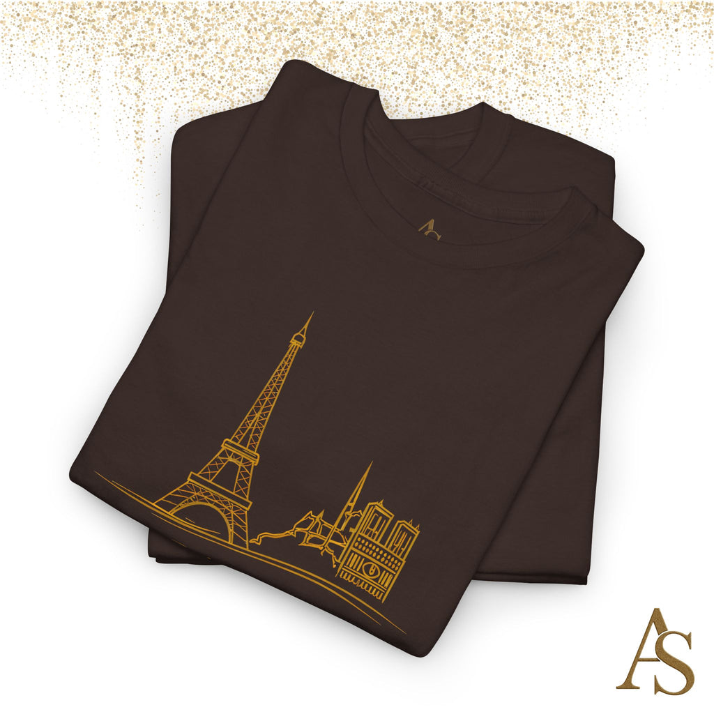 Paris Gold Line Art T Shirt Minimalist Eiffel Tower Skyline Unisex Graphic Tee