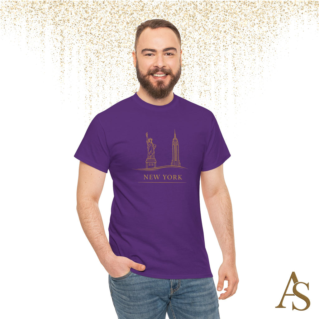 New York Skyline T Shirt Gold Line Art NYC Statue of Liberty Graphic Tee