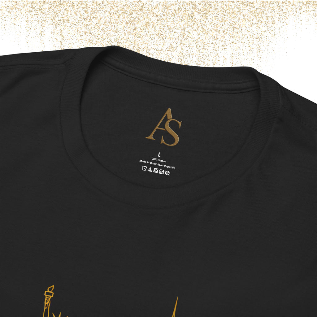 New York Skyline T Shirt Gold Line Art NYC Statue of Liberty Graphic Tee