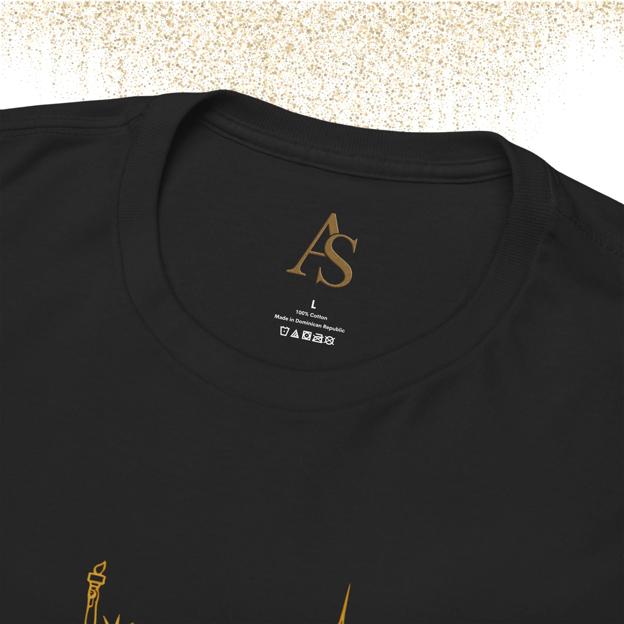 New York Skyline T Shirt Gold Line Art NYC Statue of Liberty Graphic Tee