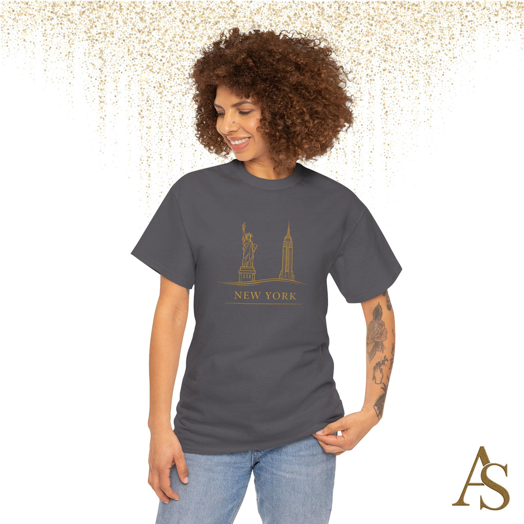 New York Skyline T Shirt Gold Line Art NYC Statue of Liberty Graphic Tee