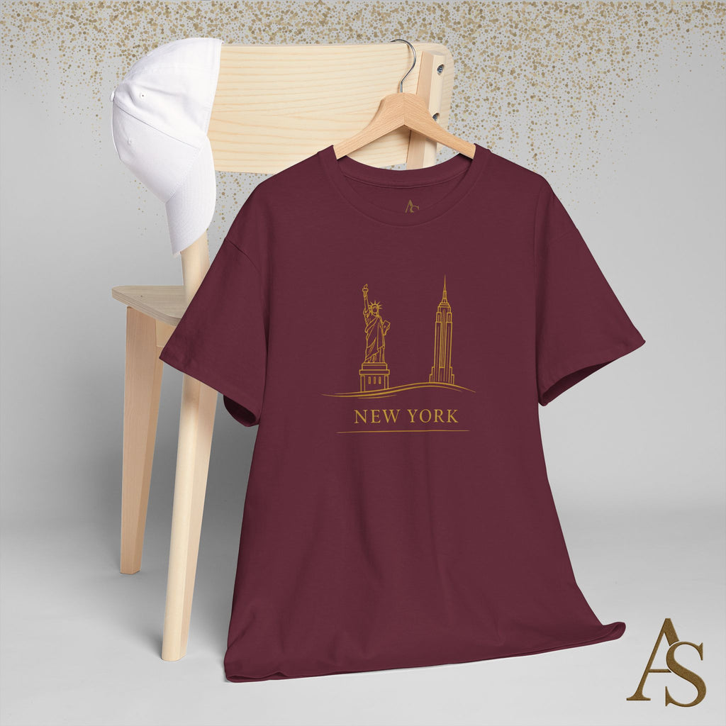 New York Skyline T Shirt Gold Line Art NYC Statue of Liberty Graphic Tee