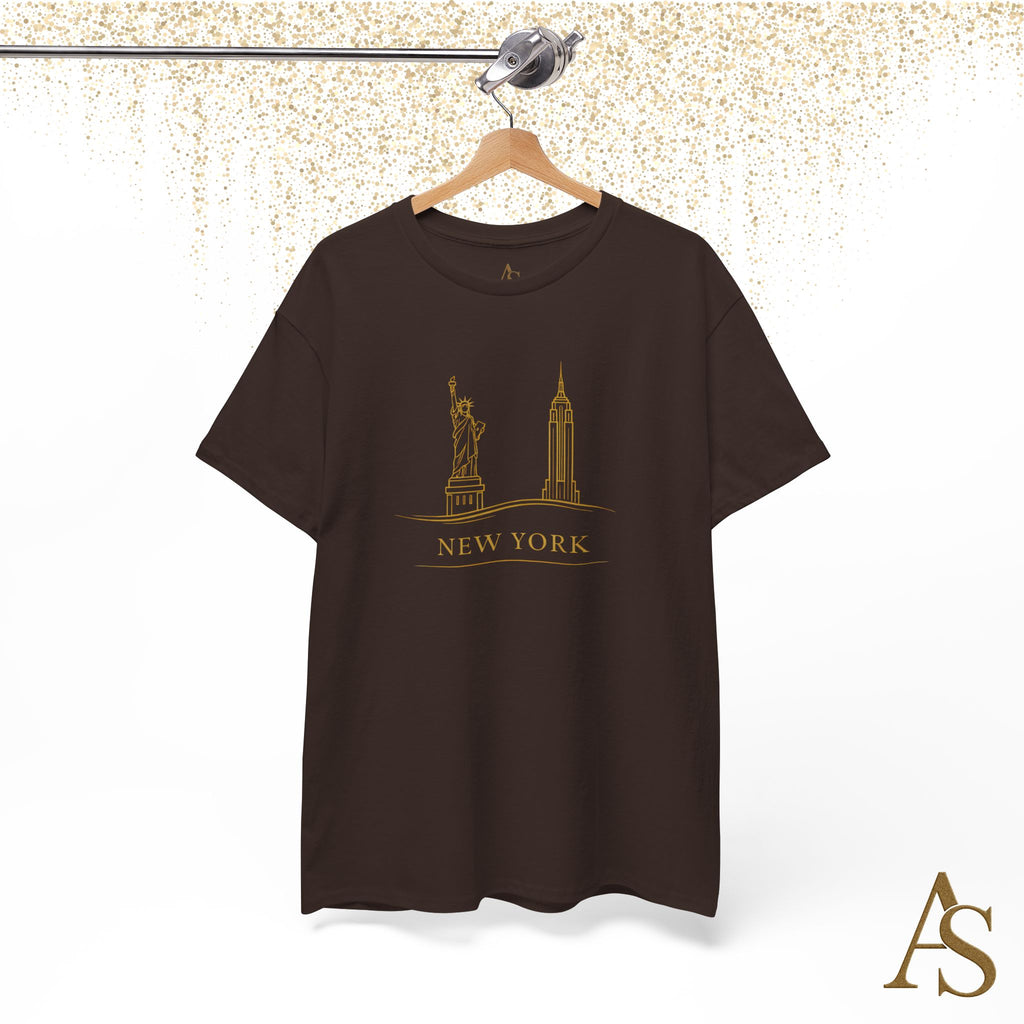 New York Skyline T Shirt Gold Line Art NYC Statue of Liberty Graphic Tee