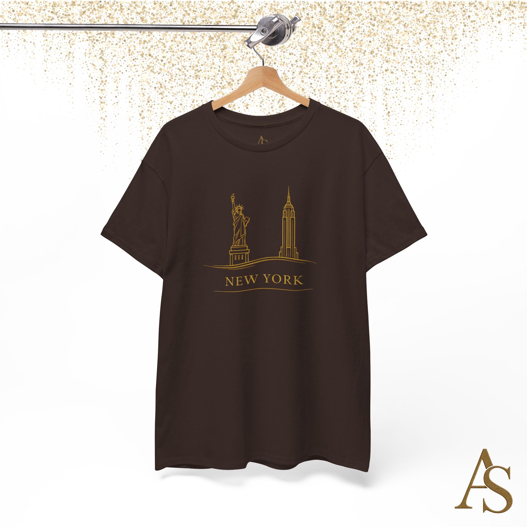 New York Skyline T Shirt Gold Line Art NYC Statue of Liberty Graphic Tee