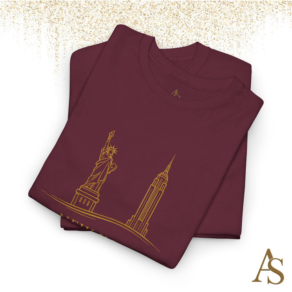 New York Skyline T Shirt Gold Line Art NYC Statue of Liberty Graphic Tee