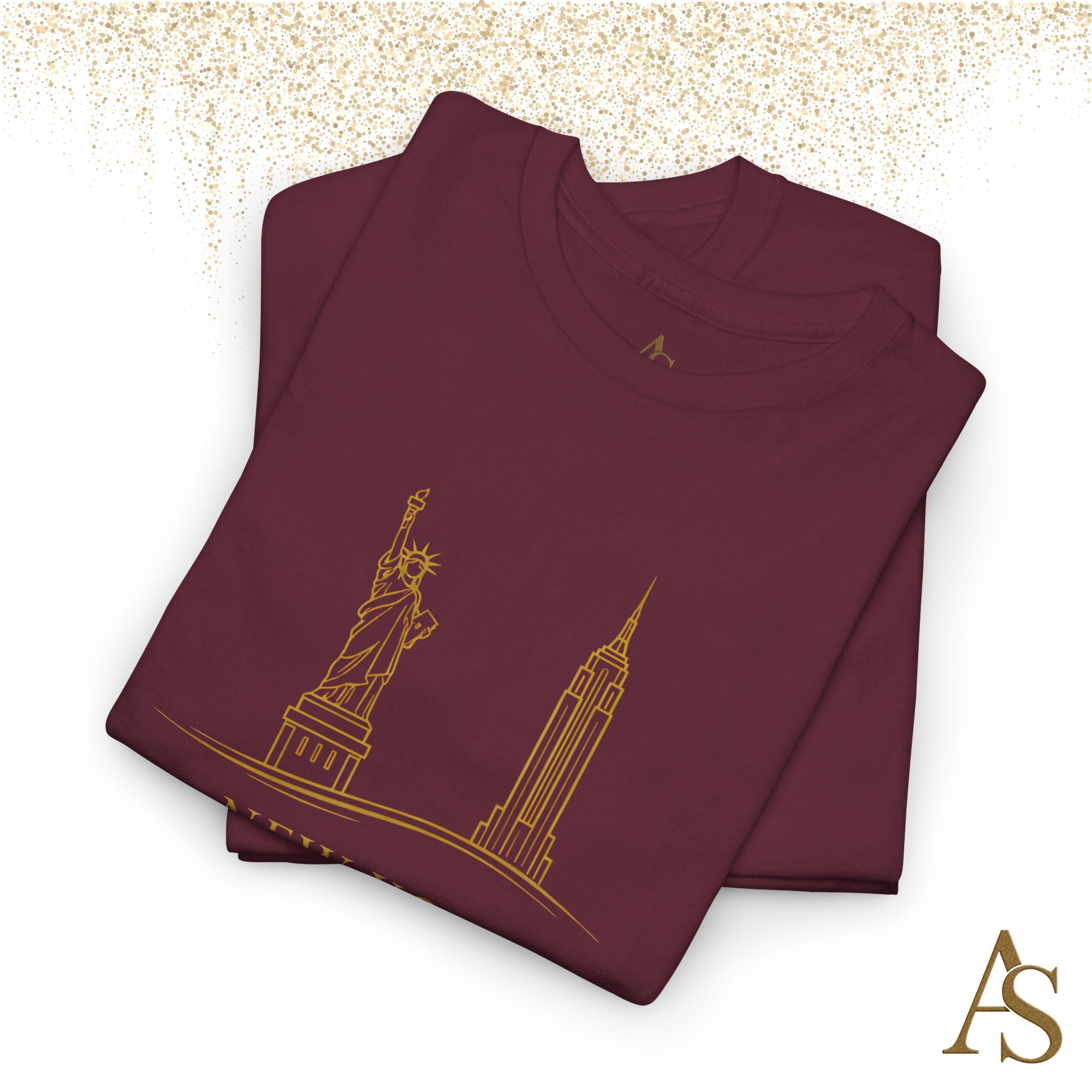 New York Skyline T Shirt Gold Line Art NYC Statue of Liberty Graphic Tee