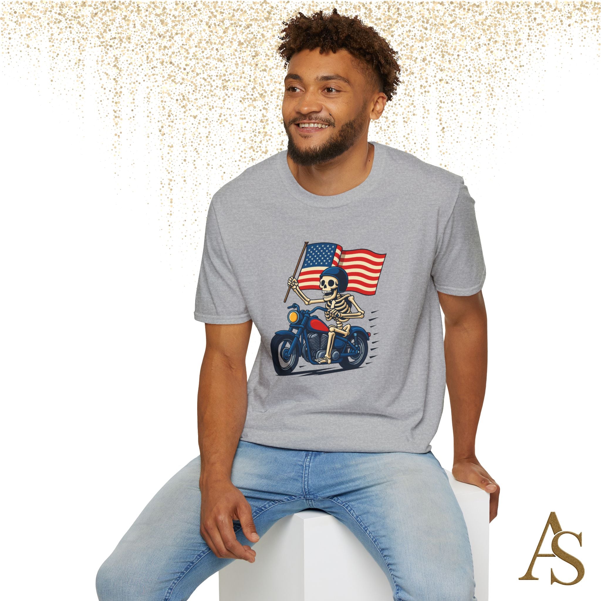 Skeleton Biker T Shirt Motorcycle Rider with American Flag Patriotic Skull Graphic Tee