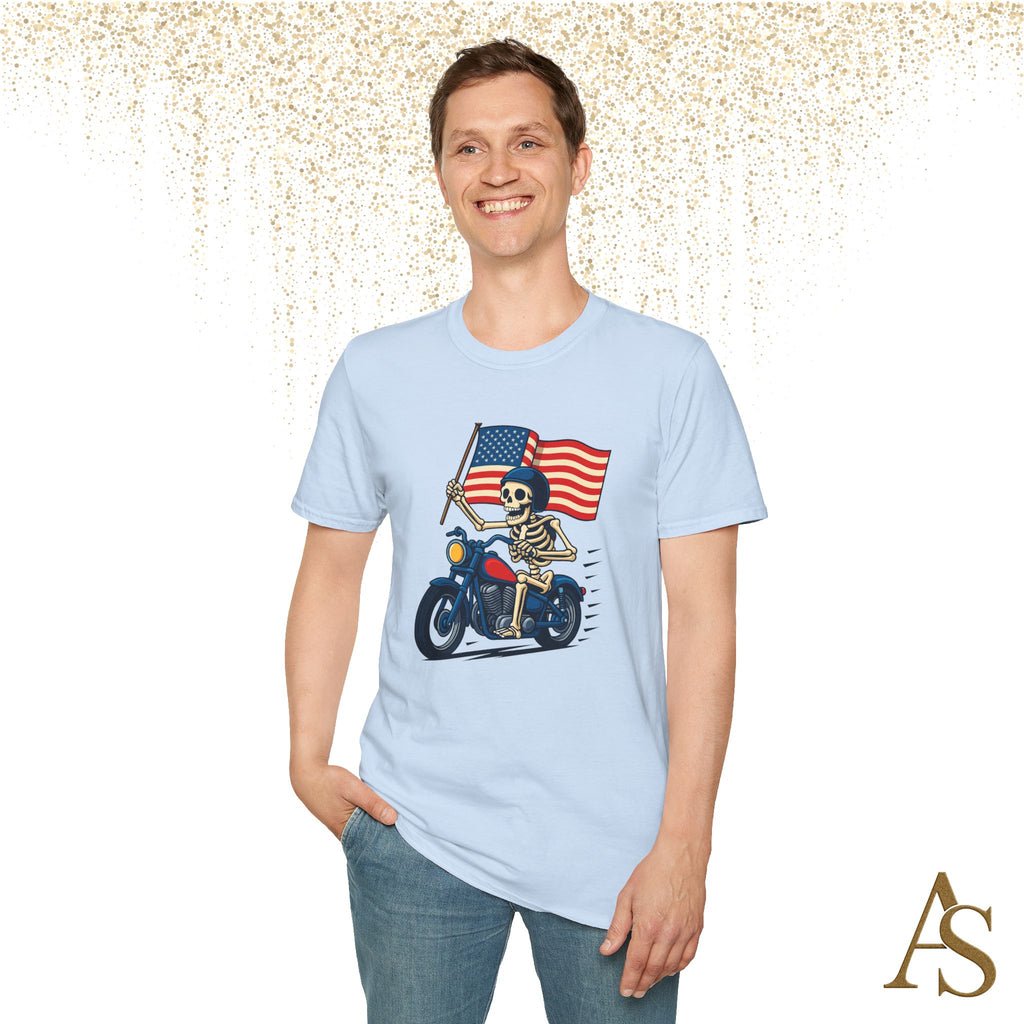 Skeleton Biker T Shirt Motorcycle Rider with American Flag Patriotic Skull Graphic Tee