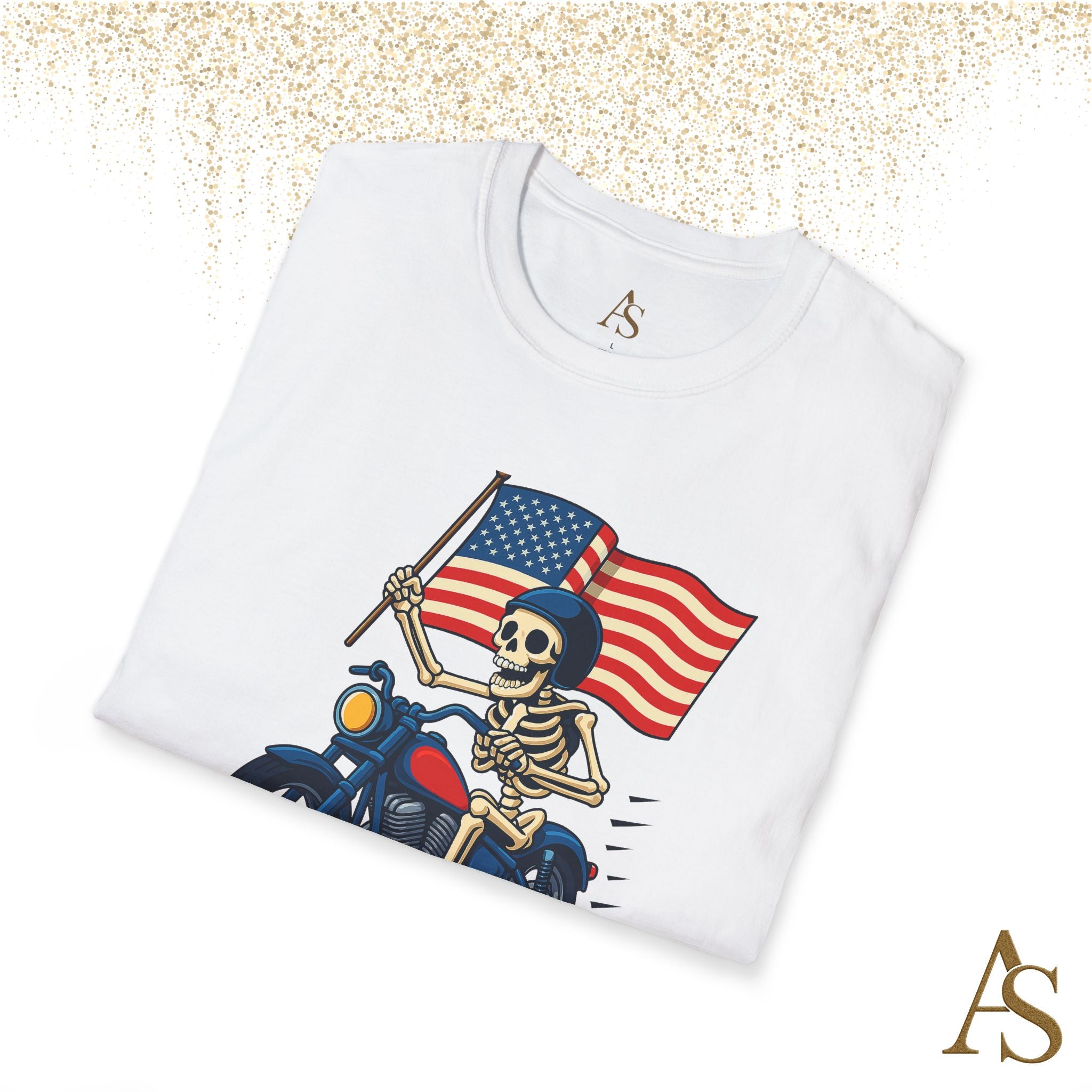 Skeleton Biker T Shirt Motorcycle Rider with American Flag Patriotic Skull Graphic Tee