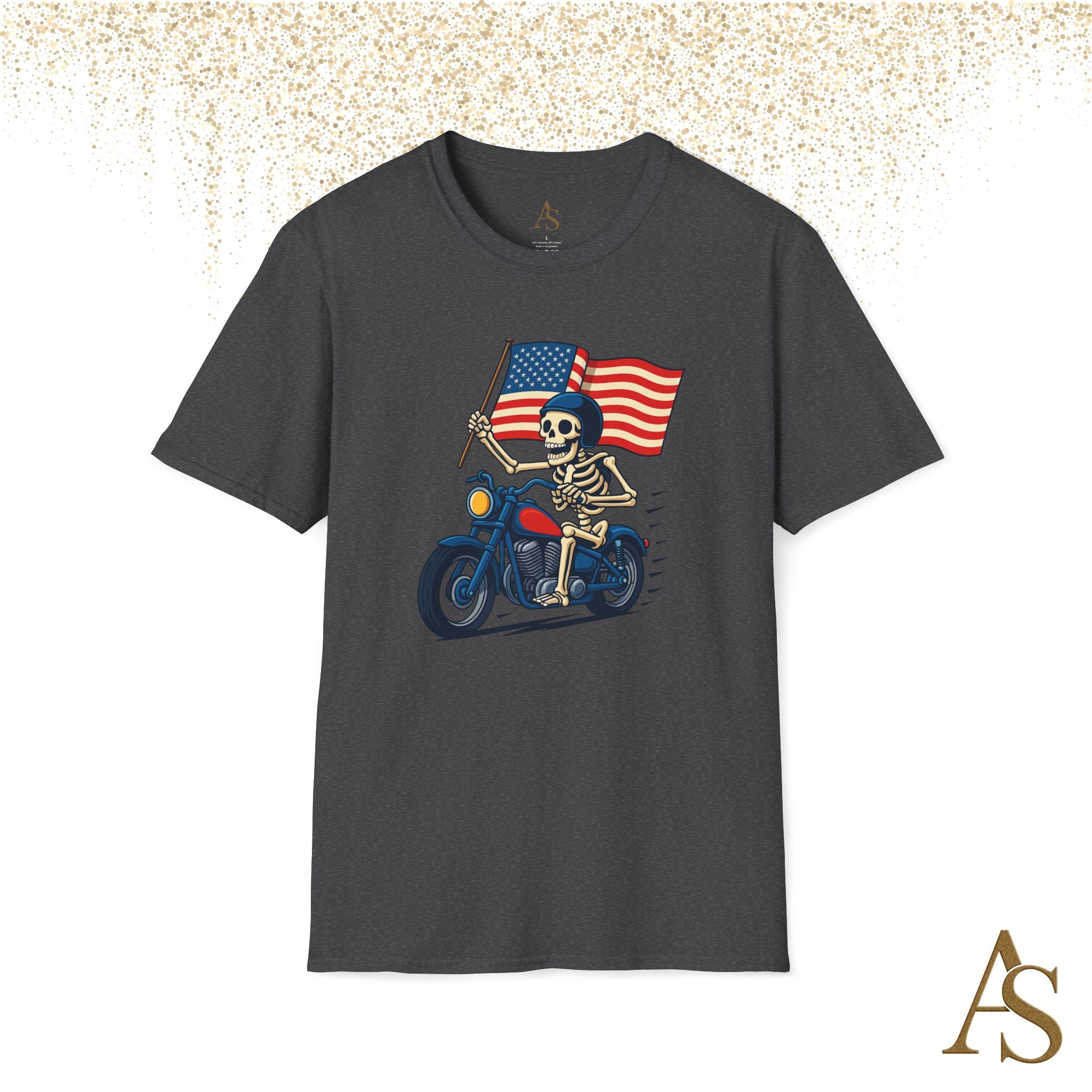 Skeleton Biker T Shirt Motorcycle Rider with American Flag Patriotic Skull Graphic Tee
