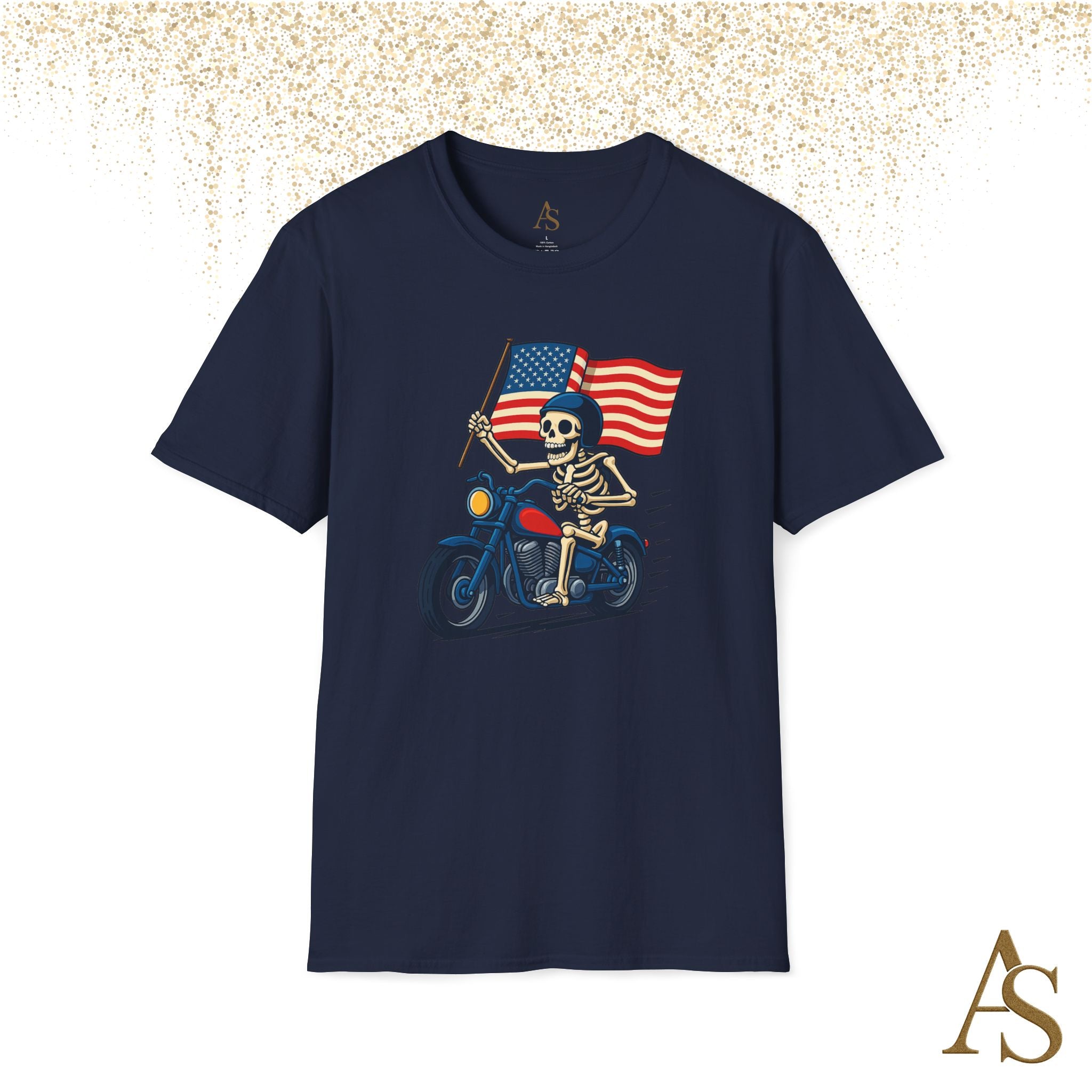 Skeleton Biker T Shirt Motorcycle Rider with American Flag Patriotic Skull Graphic Tee