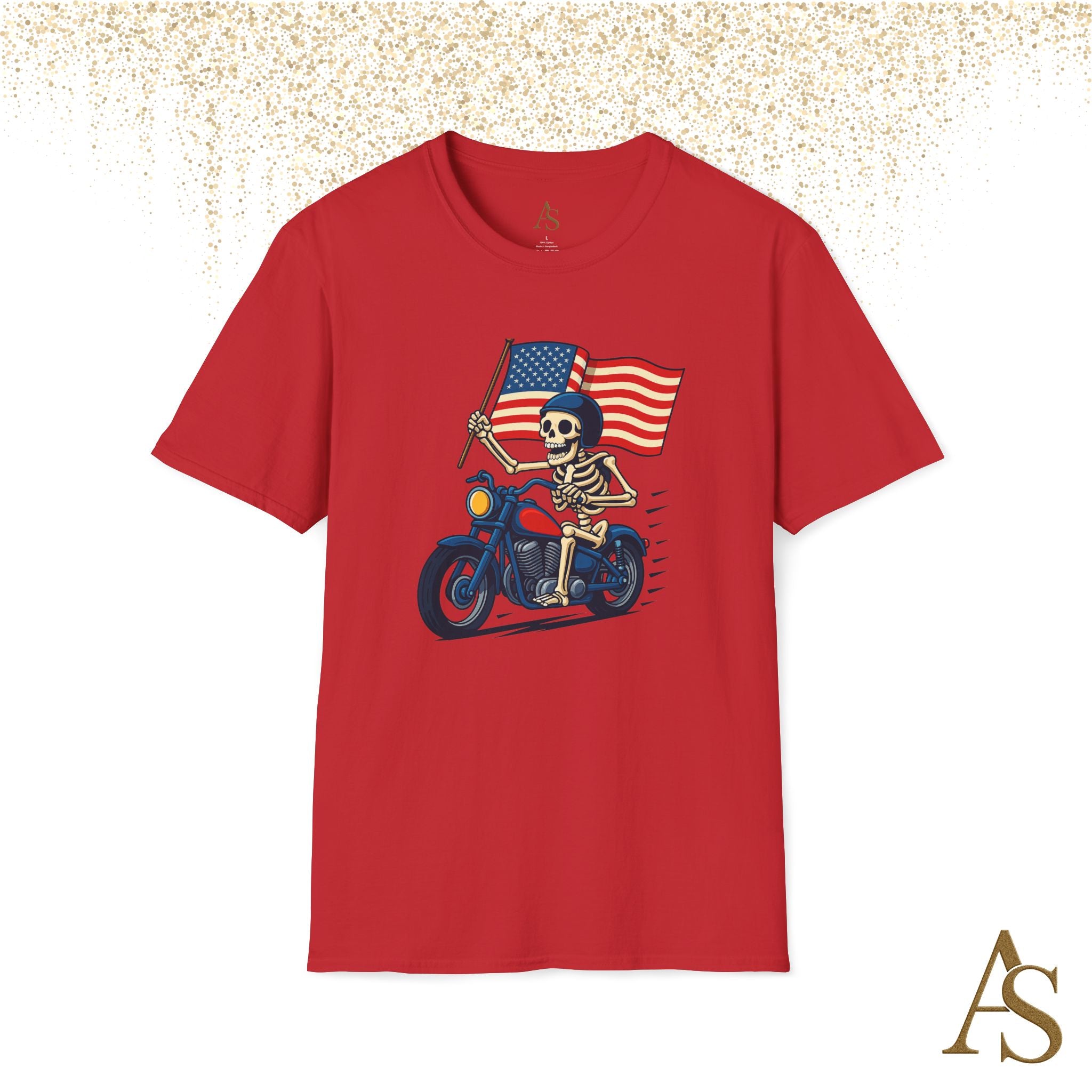 Skeleton Biker T Shirt Motorcycle Rider with American Flag Patriotic Skull Graphic Tee