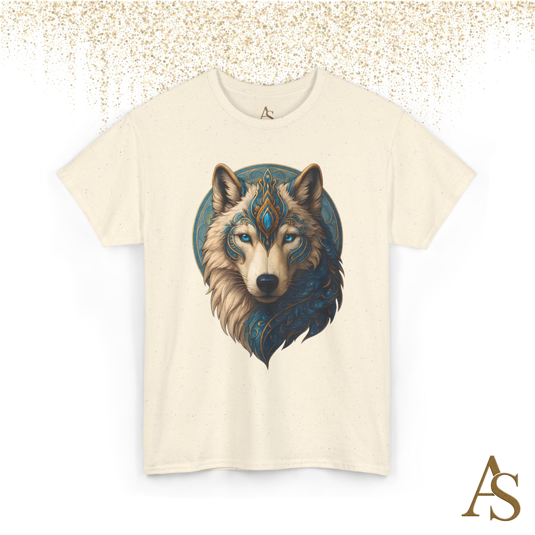 Mystical Wolf Spirit T Shirt Blue Gold Wolf Graphic Unisex Nature Inspired Tee