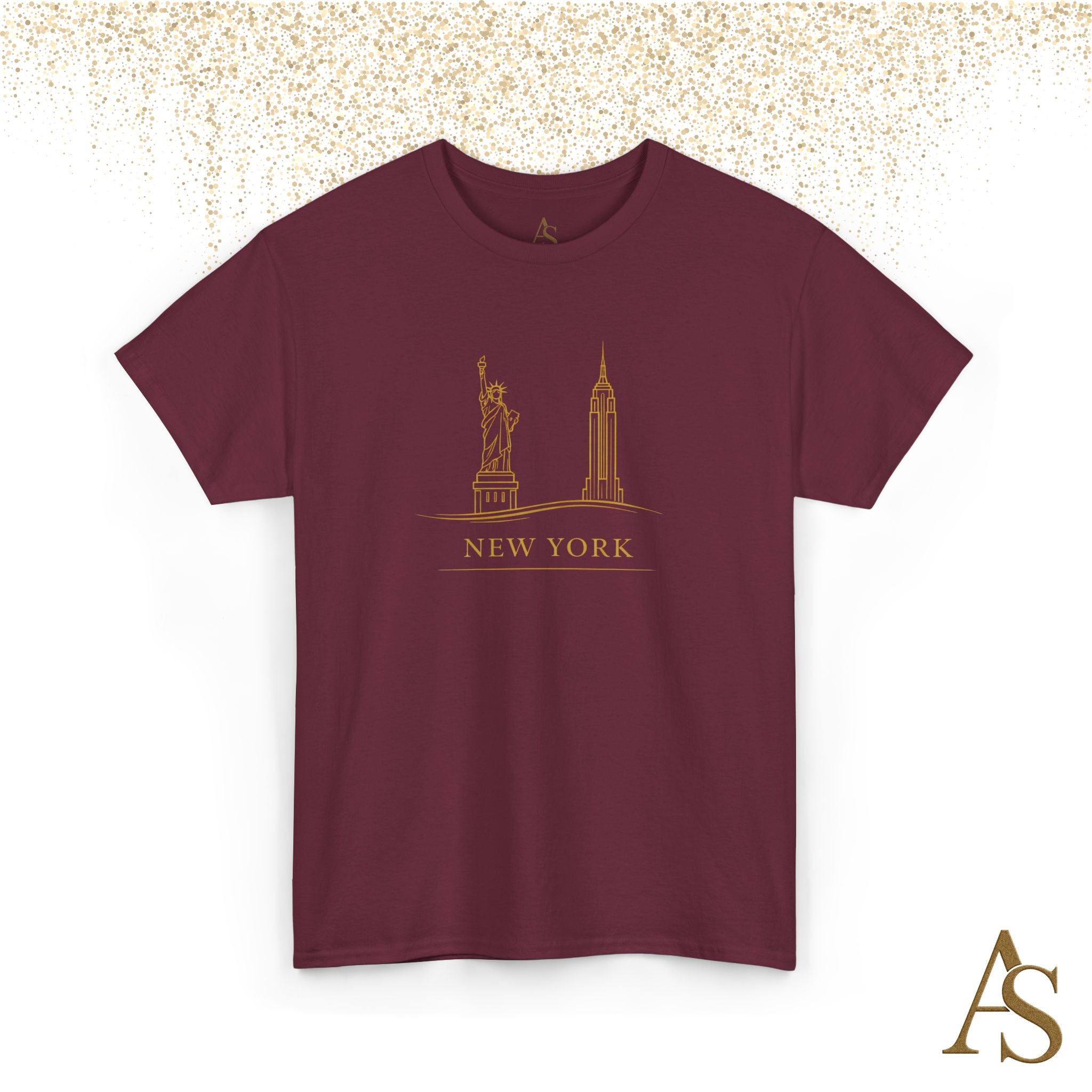 New York Skyline T Shirt Gold Line Art NYC Statue of Liberty Graphic Tee