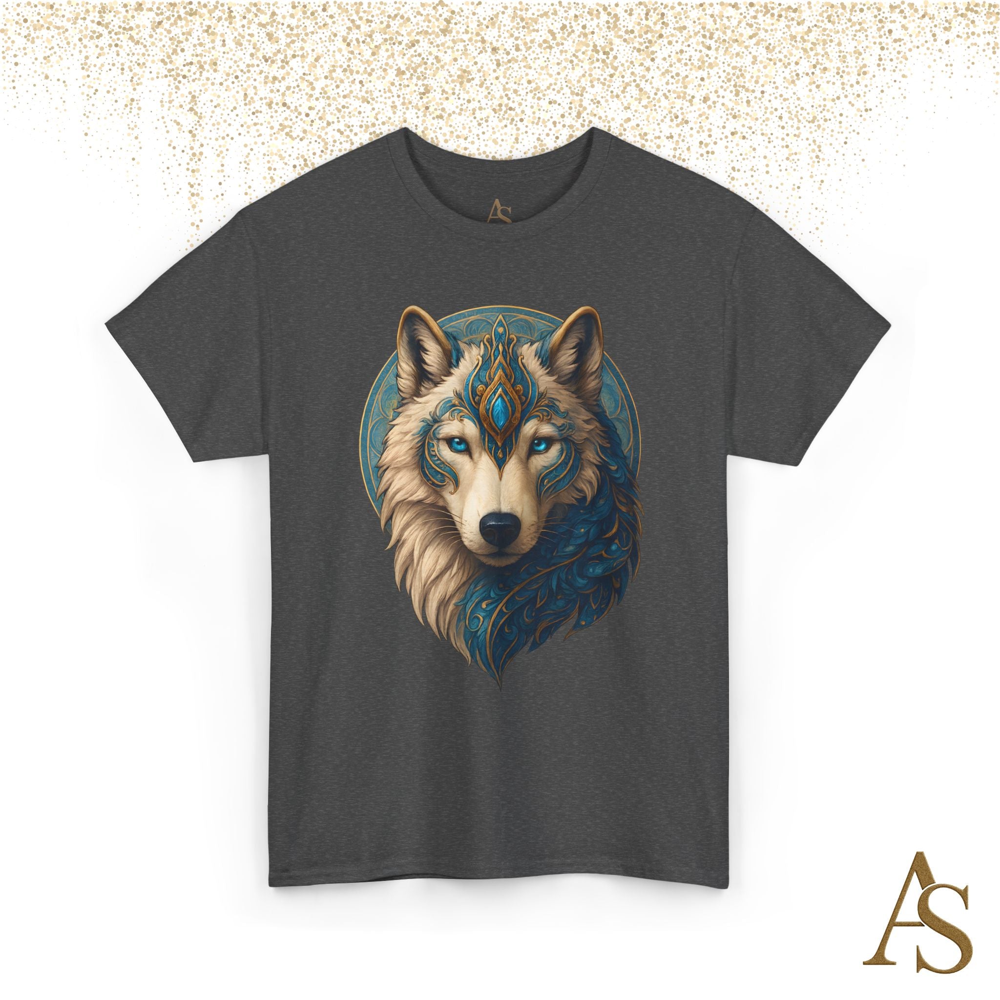 Mystical Wolf Spirit T Shirt Blue Gold Wolf Graphic Unisex Nature Inspired Tee