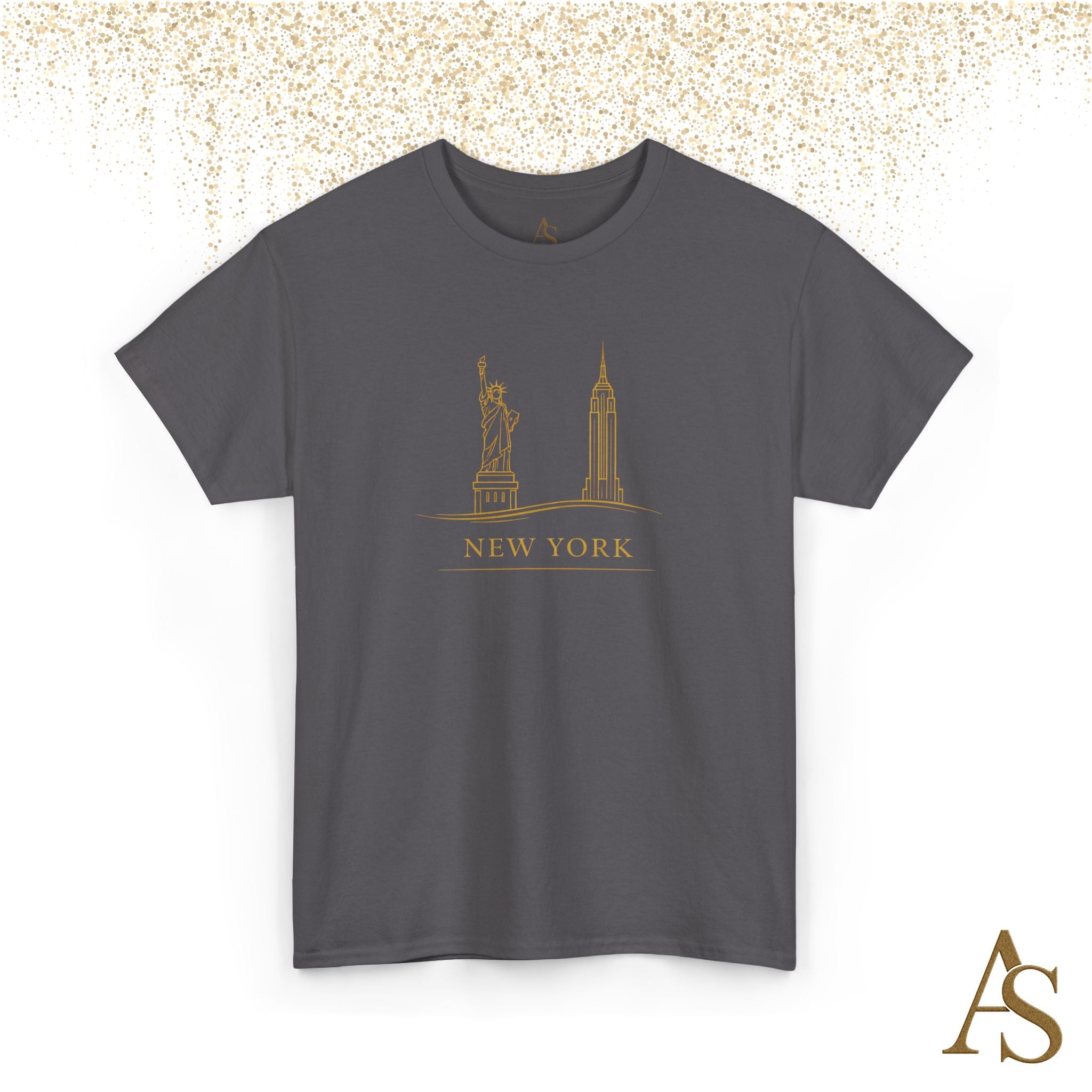 New York Skyline T Shirt Gold Line Art NYC Statue of Liberty Graphic Tee