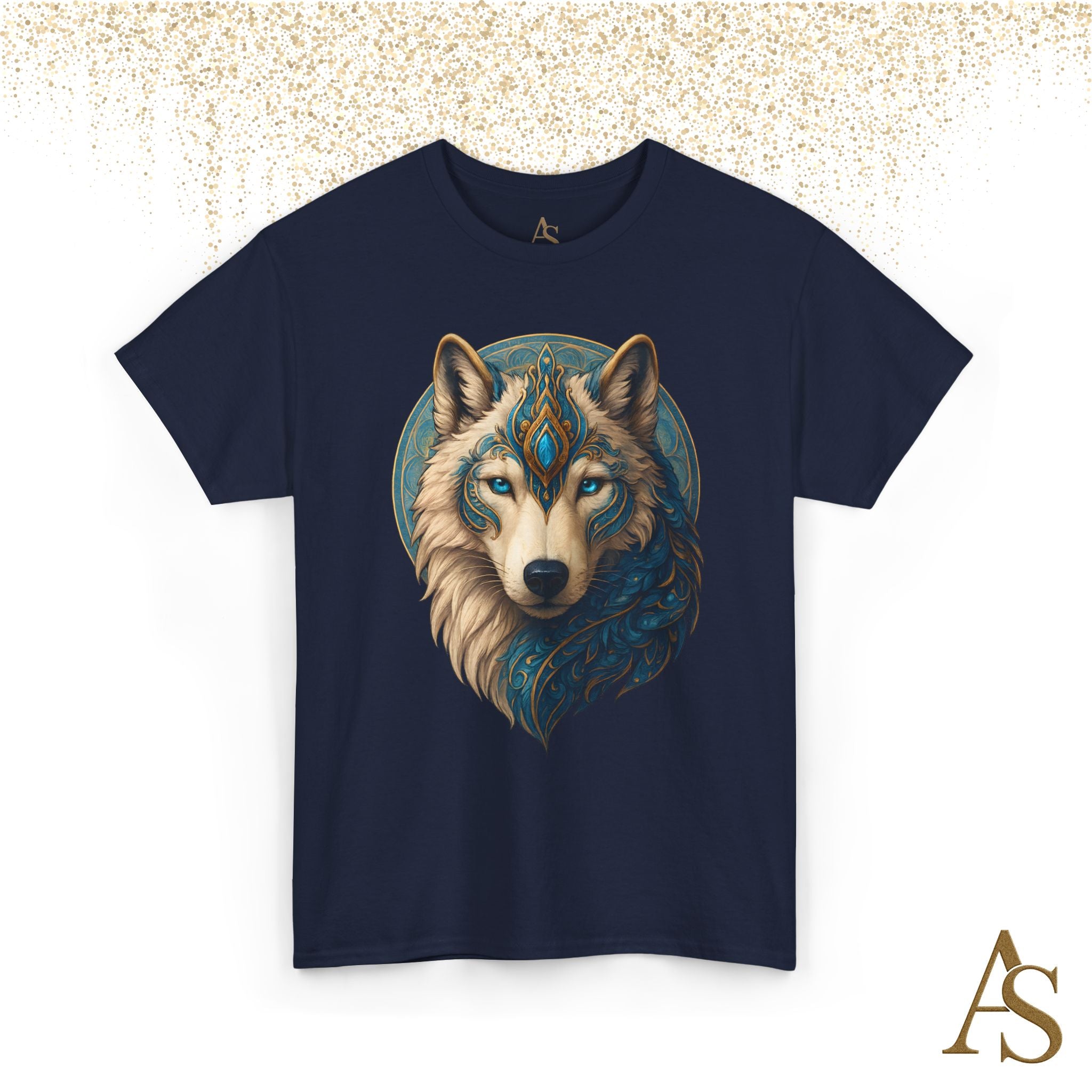 Mystical Wolf Spirit T Shirt Blue Gold Wolf Graphic Unisex Nature Inspired Tee