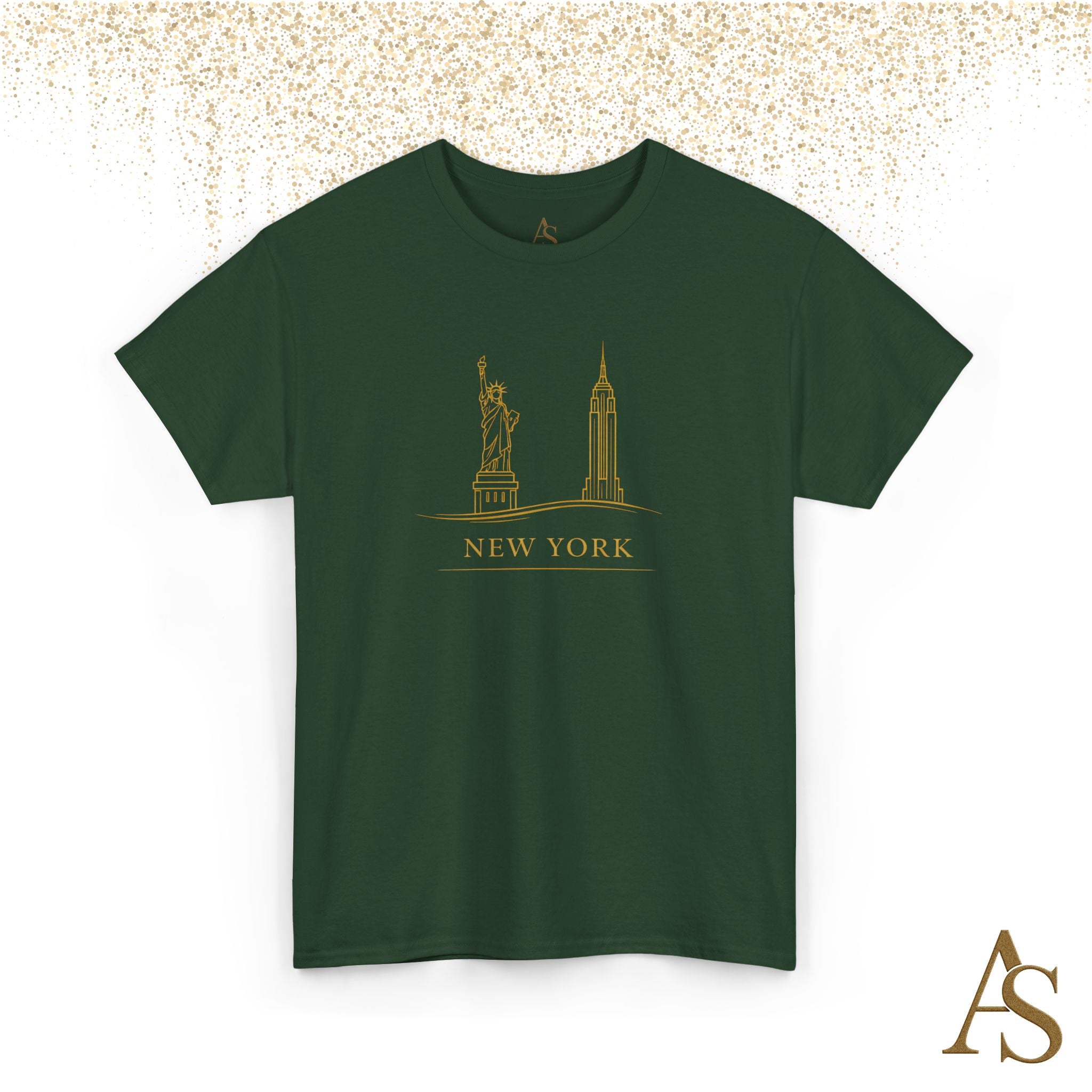 New York Skyline T Shirt Gold Line Art NYC Statue of Liberty Graphic Tee
