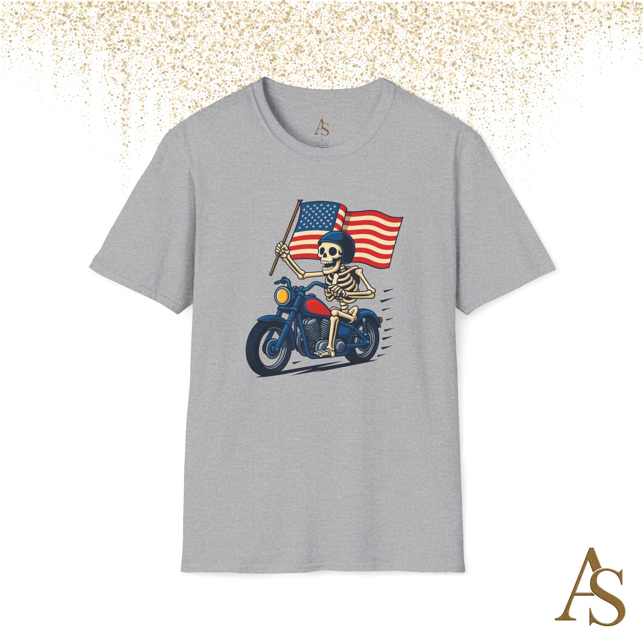 Skeleton Biker T Shirt Motorcycle Rider with American Flag Patriotic Skull Graphic Tee