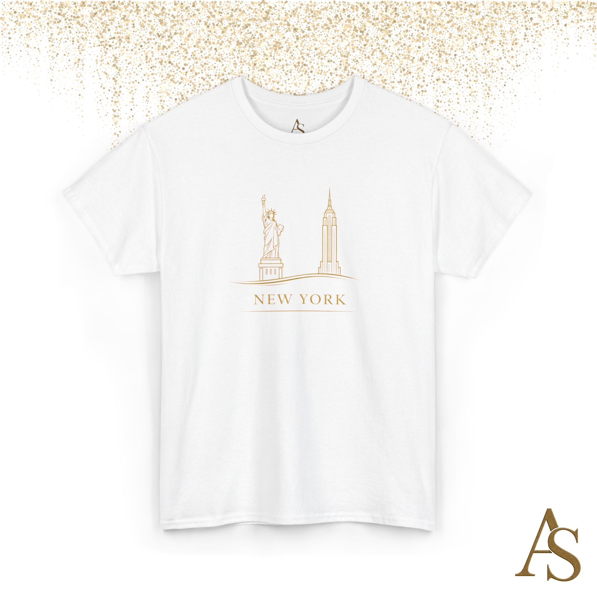 New York Skyline T Shirt Gold Line Art NYC Statue of Liberty Graphic Tee